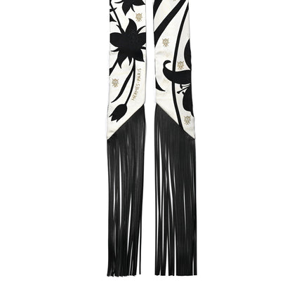 Hermes Silk Calfskin Bouquet Final Fringed Twilly Creme Black 2 of 4