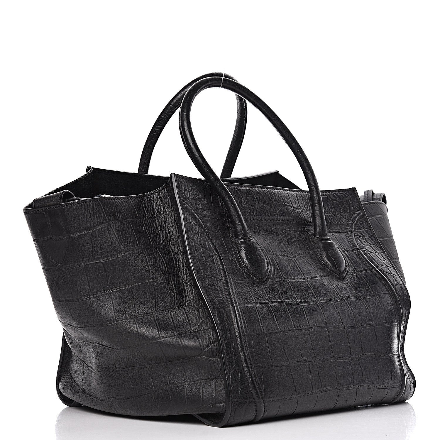 Celine Crocodile Embossed Calfskin Medium Phantom Luggage Black 3 of 17