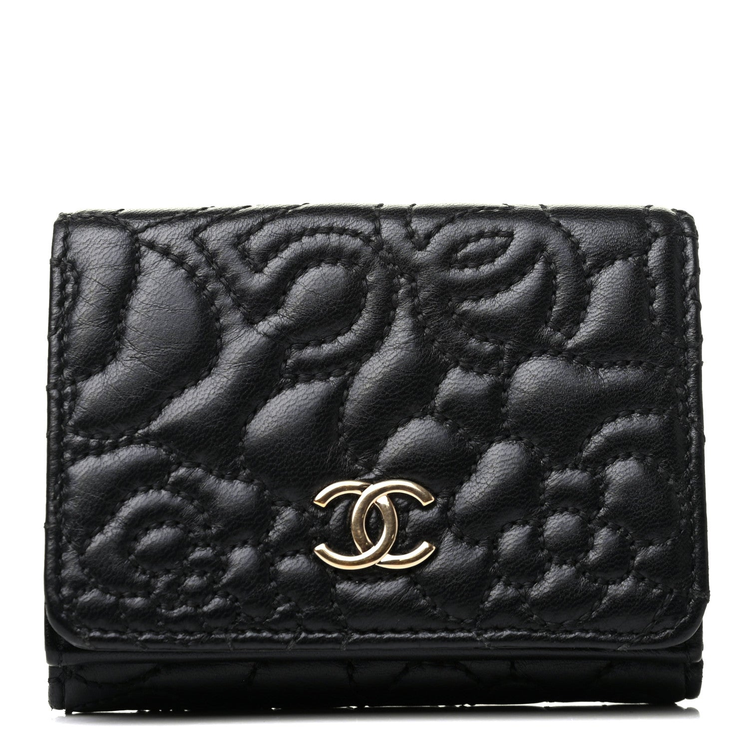 Chanel Lambskin Camellia Embossed Compact Wallet Black 1 of 8