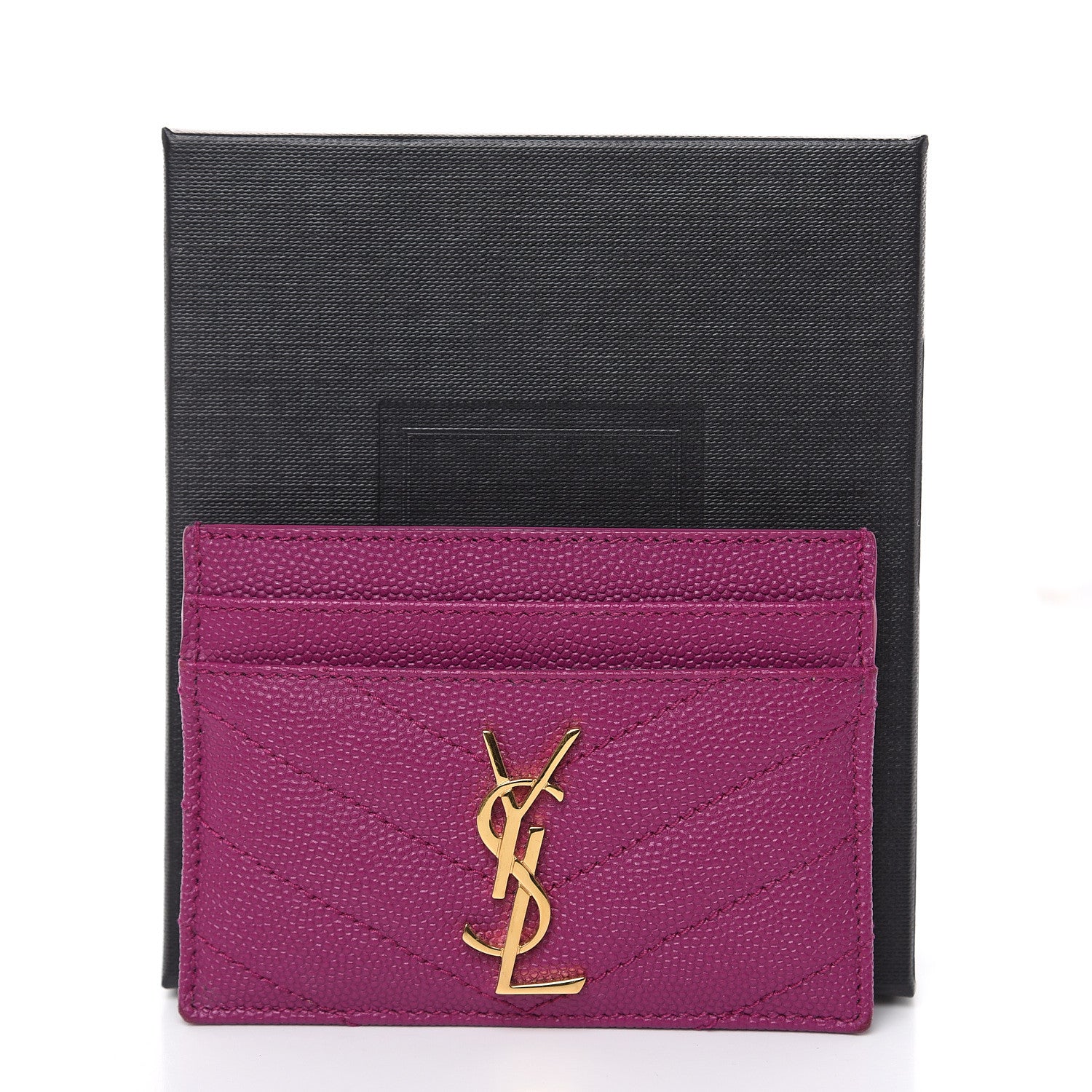 Saint Laurent Grain De Poudre Matelasse Chevron Monogram Credit Card Case Dark Grape 8 of 9