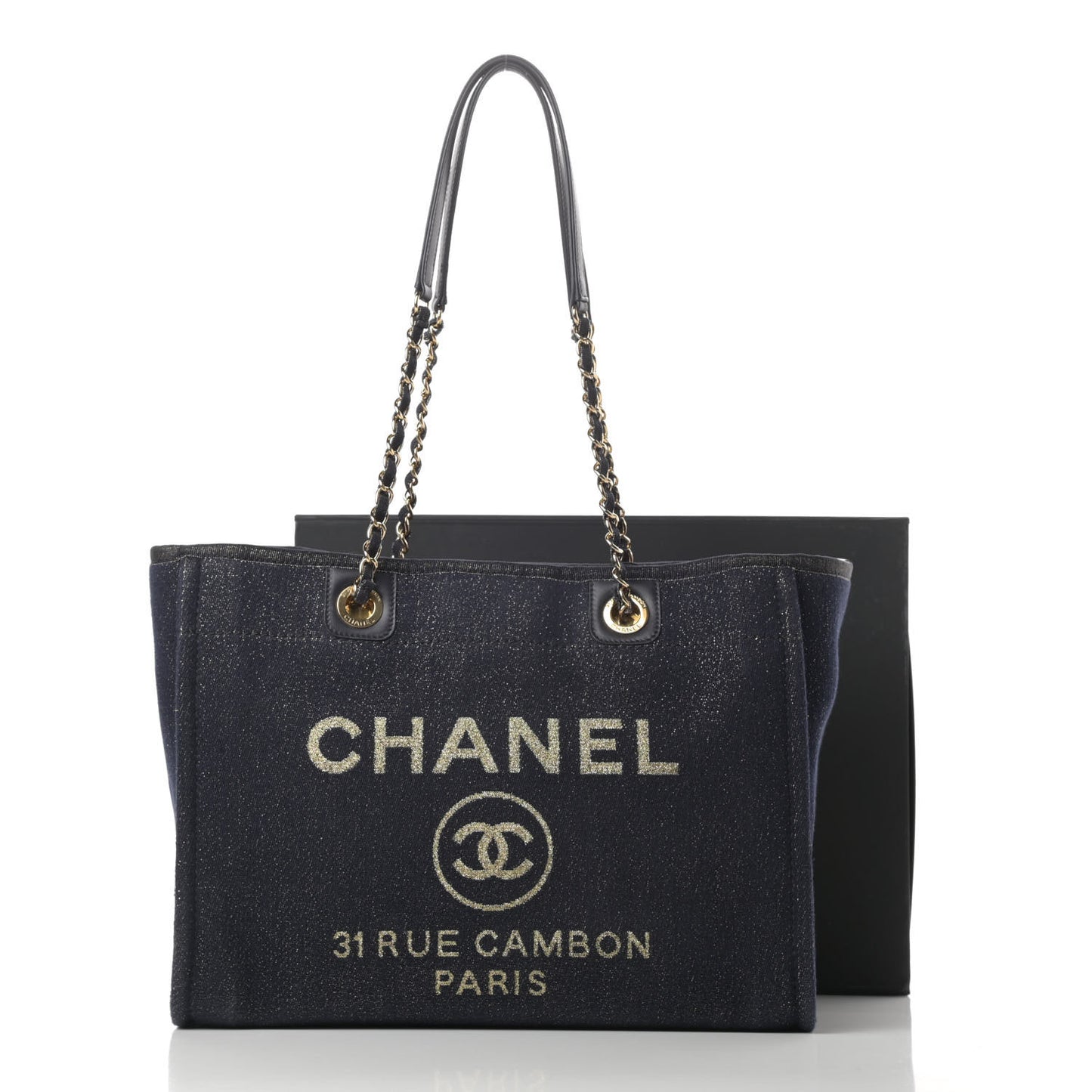 Lurex Canvas Small Deauville Tote Navy Blue Gold