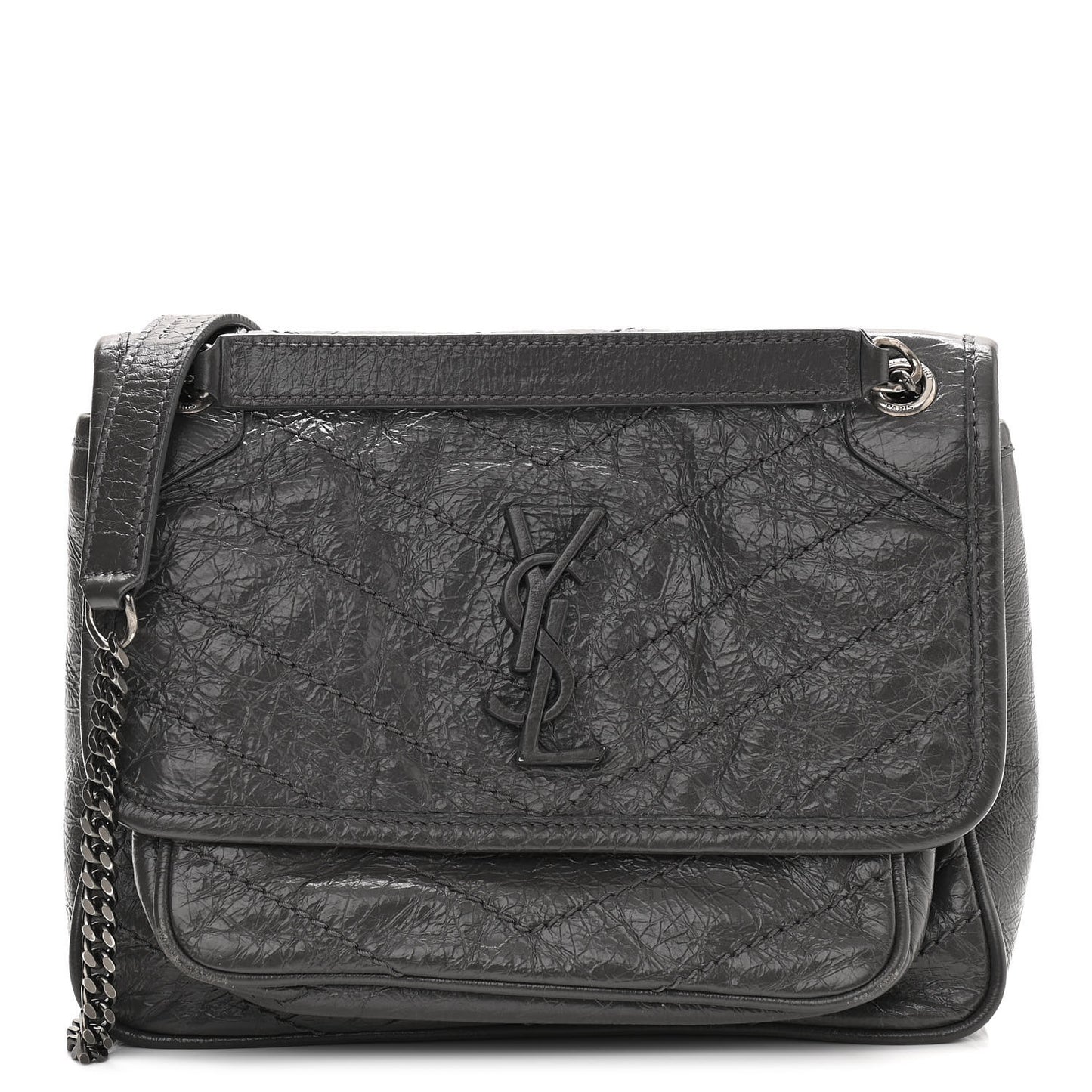 Crinkled Calfskin Matelasse Monogram Baby Niki Chain Satchel Storm