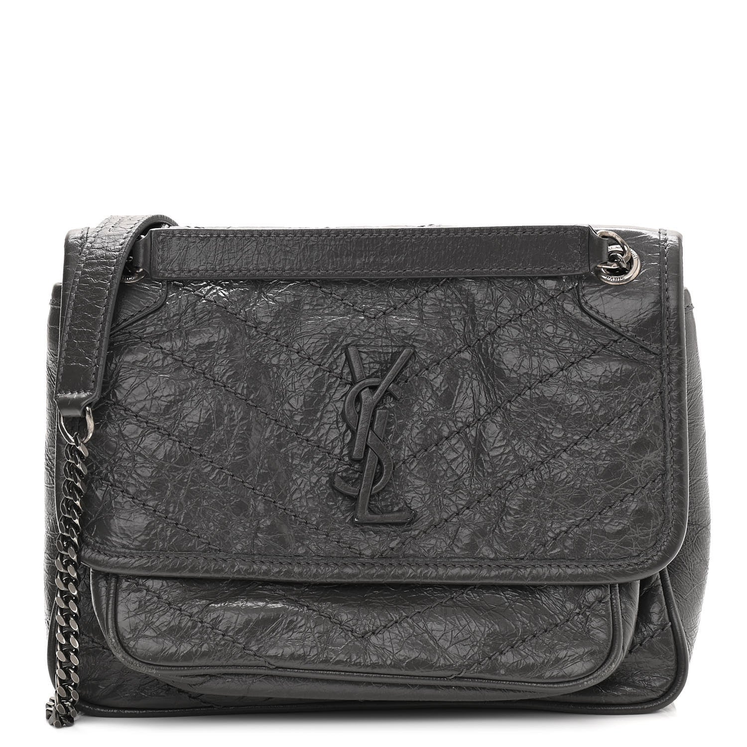 Saint Laurent Crinkled Calfskin Matelasse Monogram Baby Niki Chain Satchel Storm 1 of 11