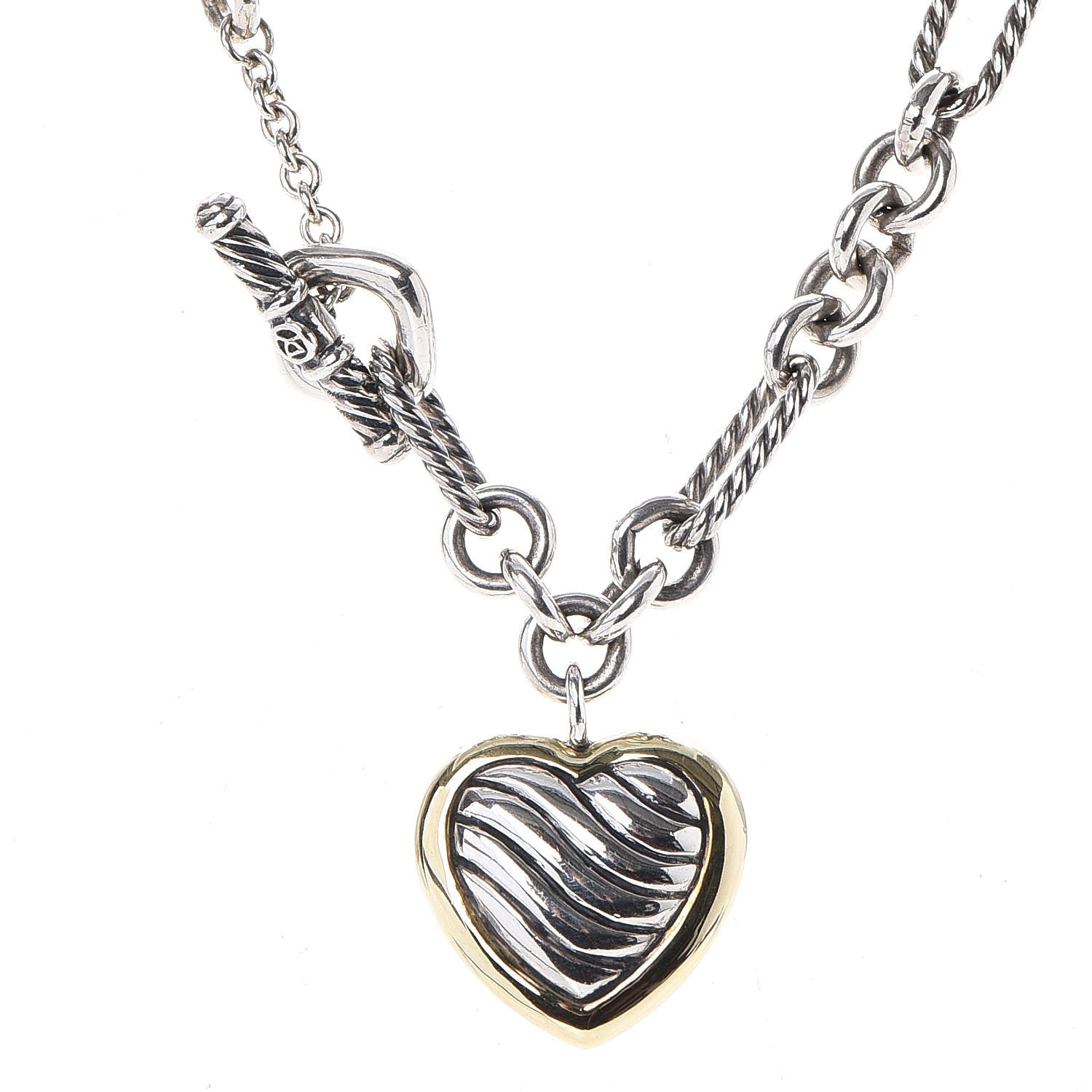 David Yurman Sterling Silver 18K Yellow Gold Cable Heart Figaro Necklace 3 of 8