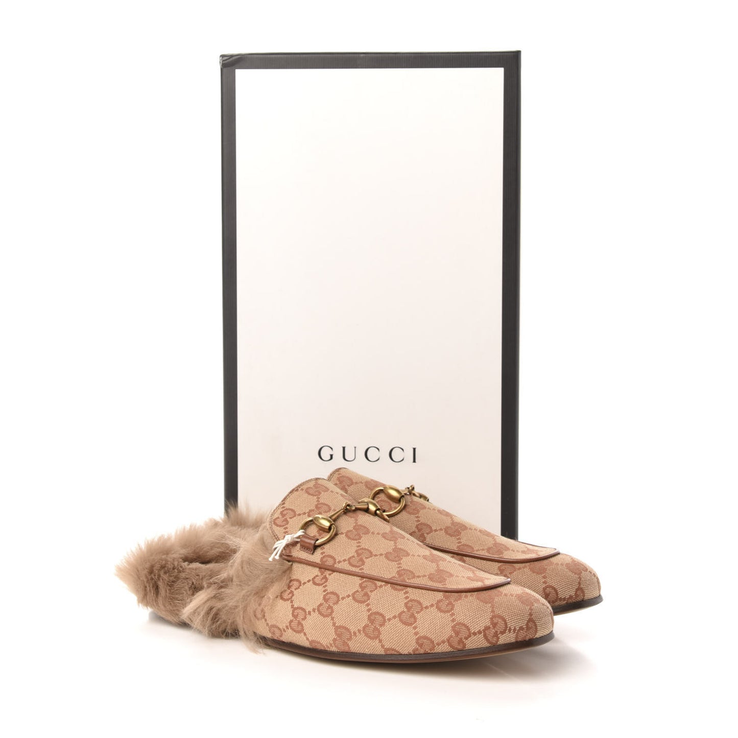 GG Monogram Fur Mens Princetown Slippers 8.5 Beige Ruggine Rust