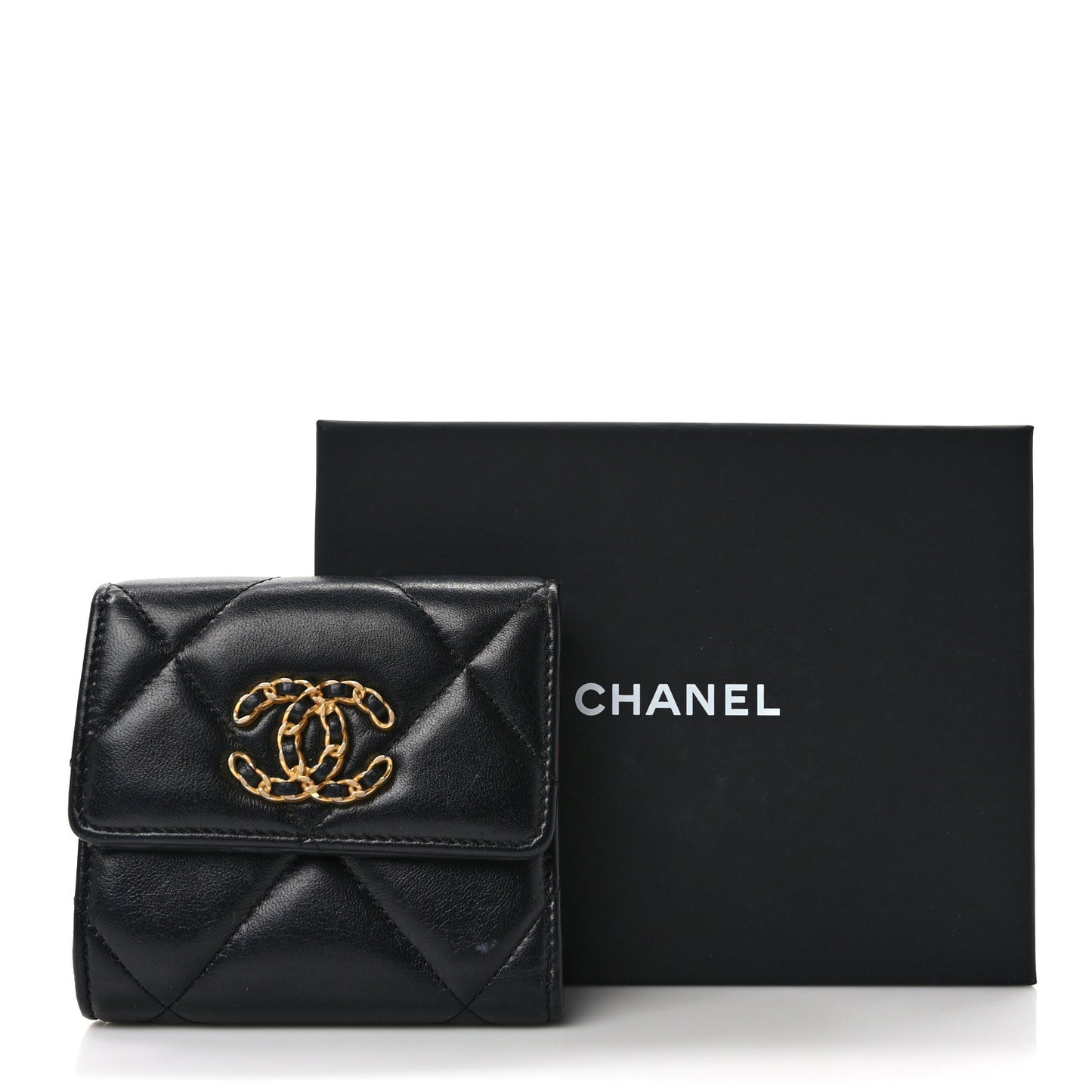 Goatskin Quilted Chanel 19 Small Flap Wallet Black