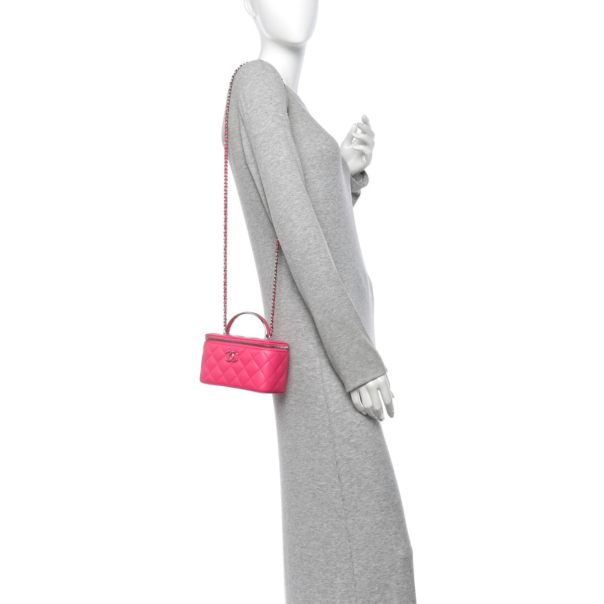 Lambskin Quilted Metal Enamel Small Top Handle Vanity Case With Chain Pink