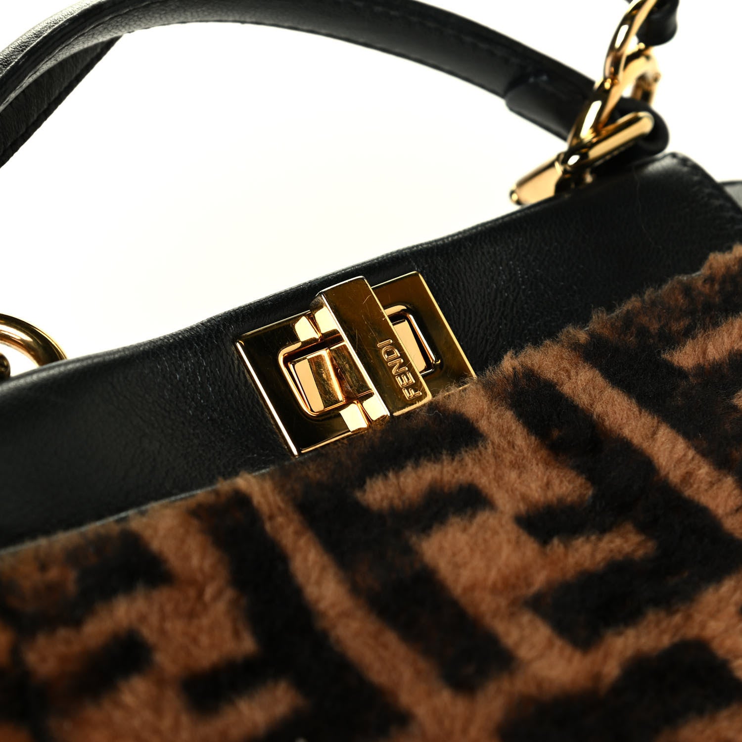 Fendi Shearling Nappa Macro FF 1974 Mini Peekaboo Iconic Satchel Tobacco Black 6 of 7
