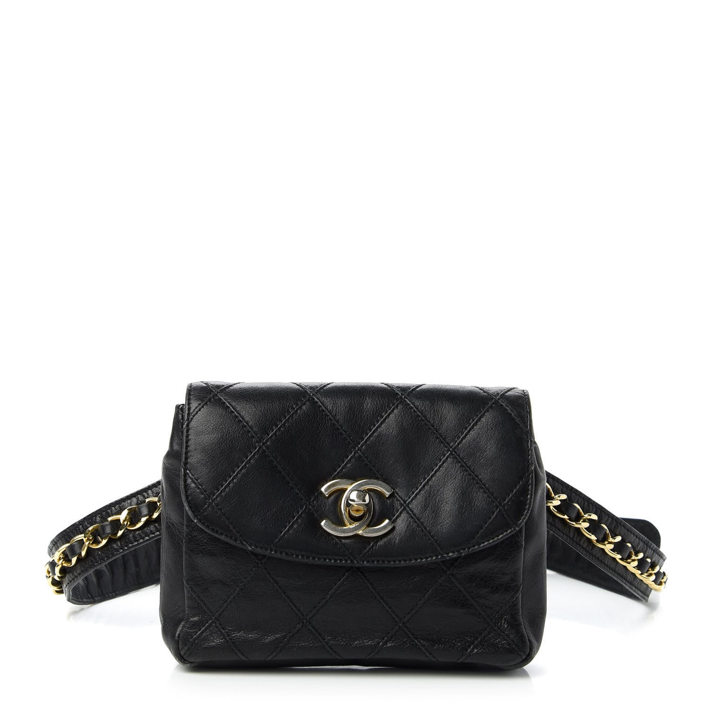 Calfskin Diamond Embossed Flap Waist Belt Bag Black