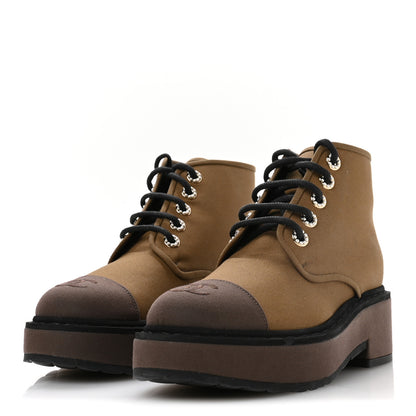 Chanel Fabric Pearl CC Combat Short Boots 36 Light Brown Dark Brown 4 of 9