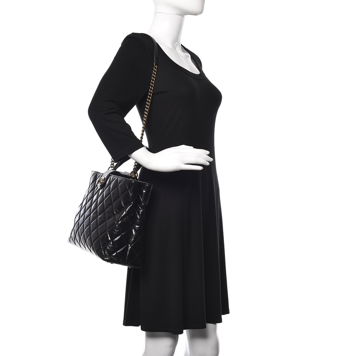 Calfskin Quilted Large Gold Bar Top Handle Tote Black