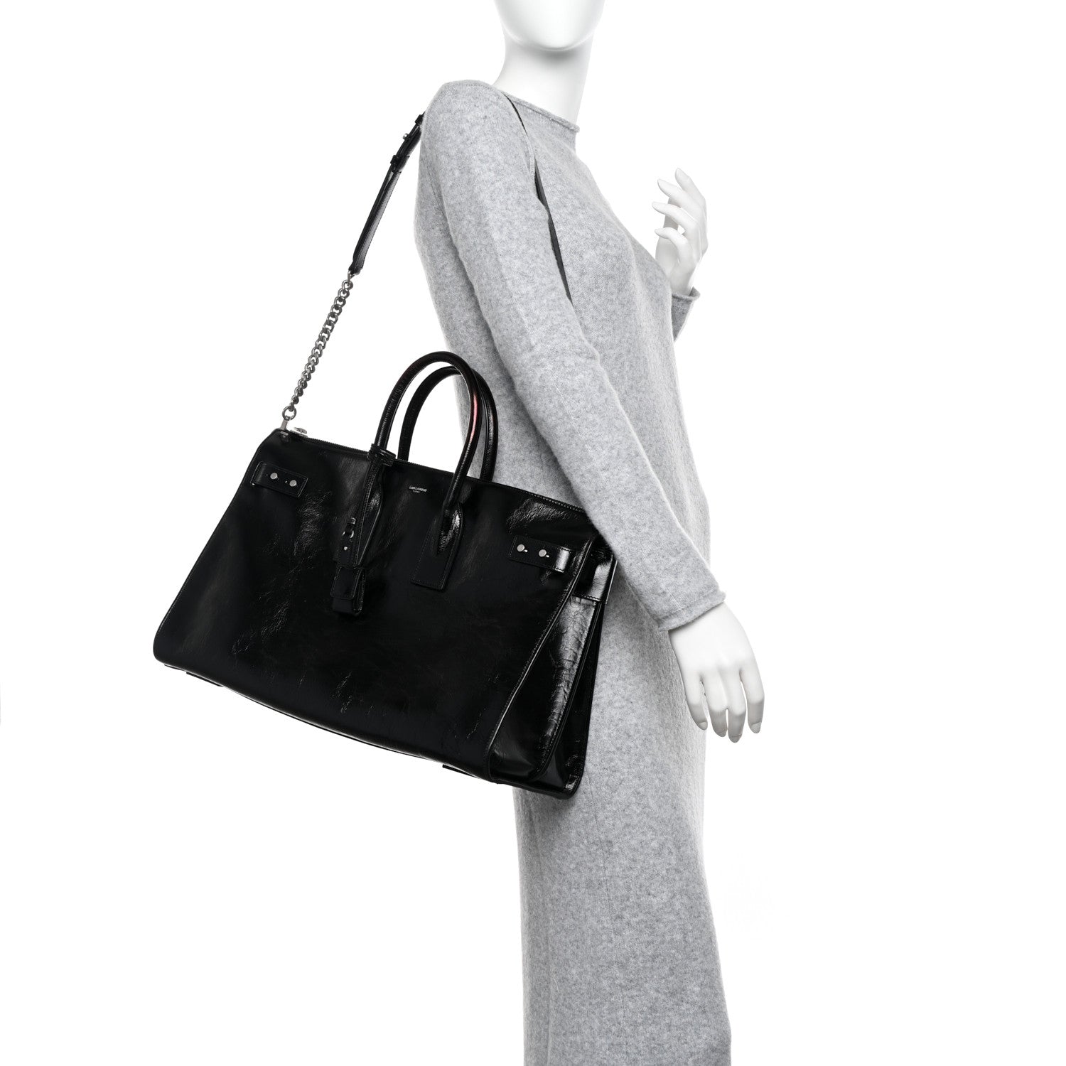 Saint Laurent Cracked Shiny Calfskin Souple 36H Sac De Jour Duffle Black 2 of 9