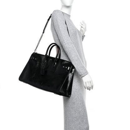 Saint Laurent Cracked Shiny Calfskin Souple 36H Sac De Jour Duffle Black 2 of 9