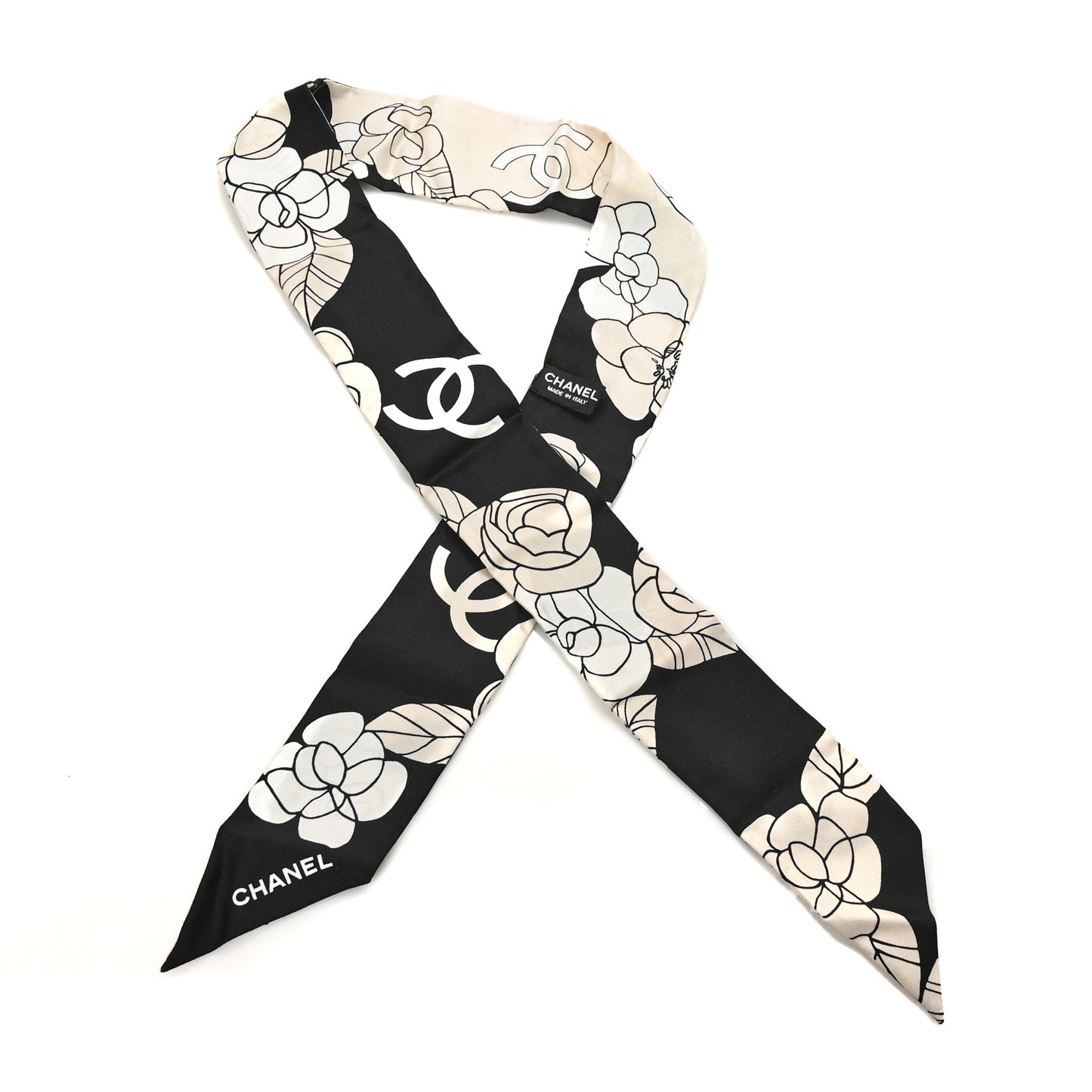 Silk Slim Camellia CC Bandeau Scarf Beige Black