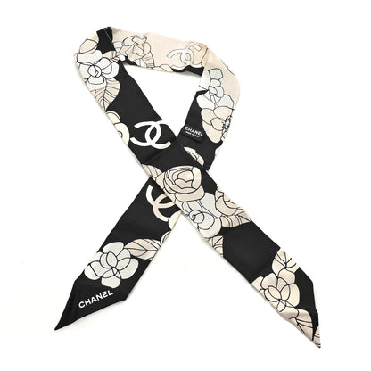 Chanel Silk Slim Camellia CC Bandeau Scarf Beige Black 1 of 3