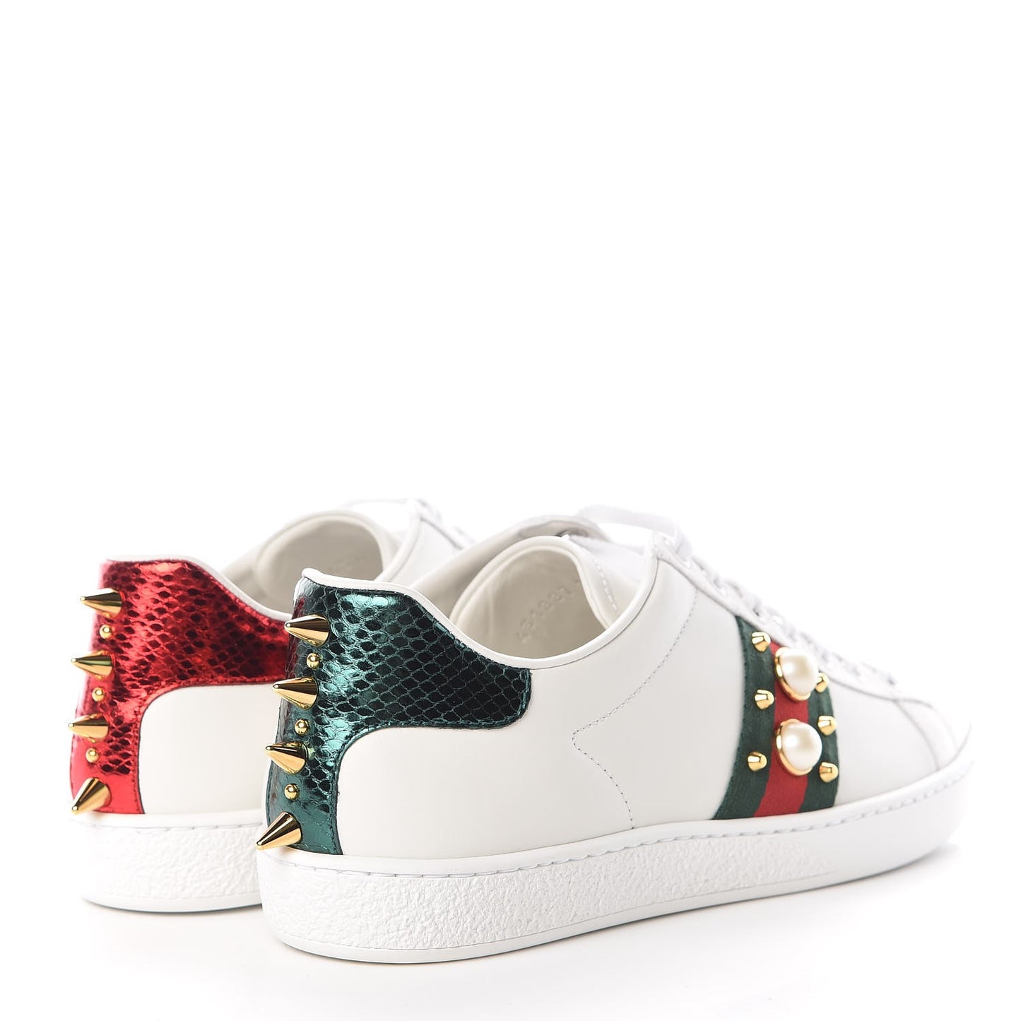 Calfskin Web Pearl Studded Womens Ace Sneakers 37.5 White