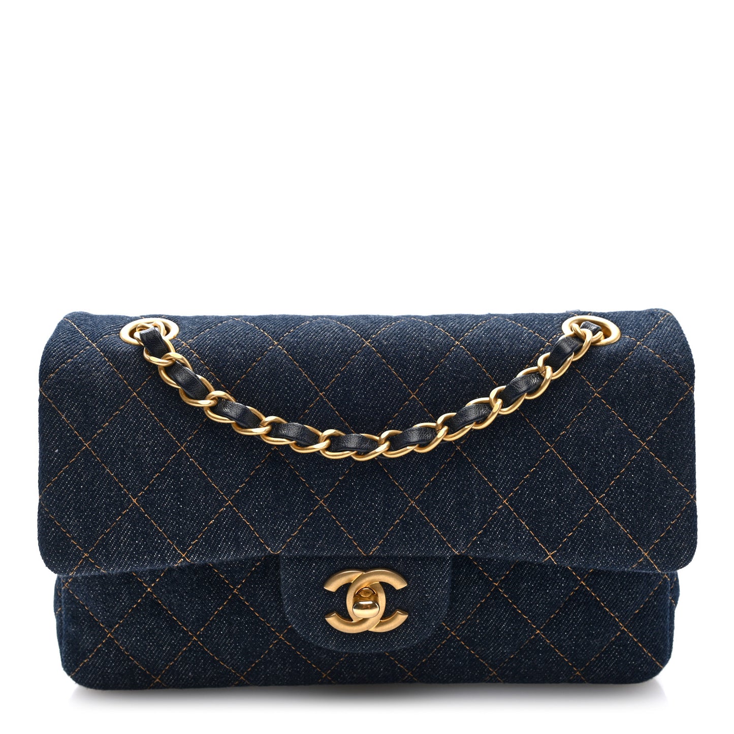 Denim Quilted Small Double Flap Dark Blue Orange
