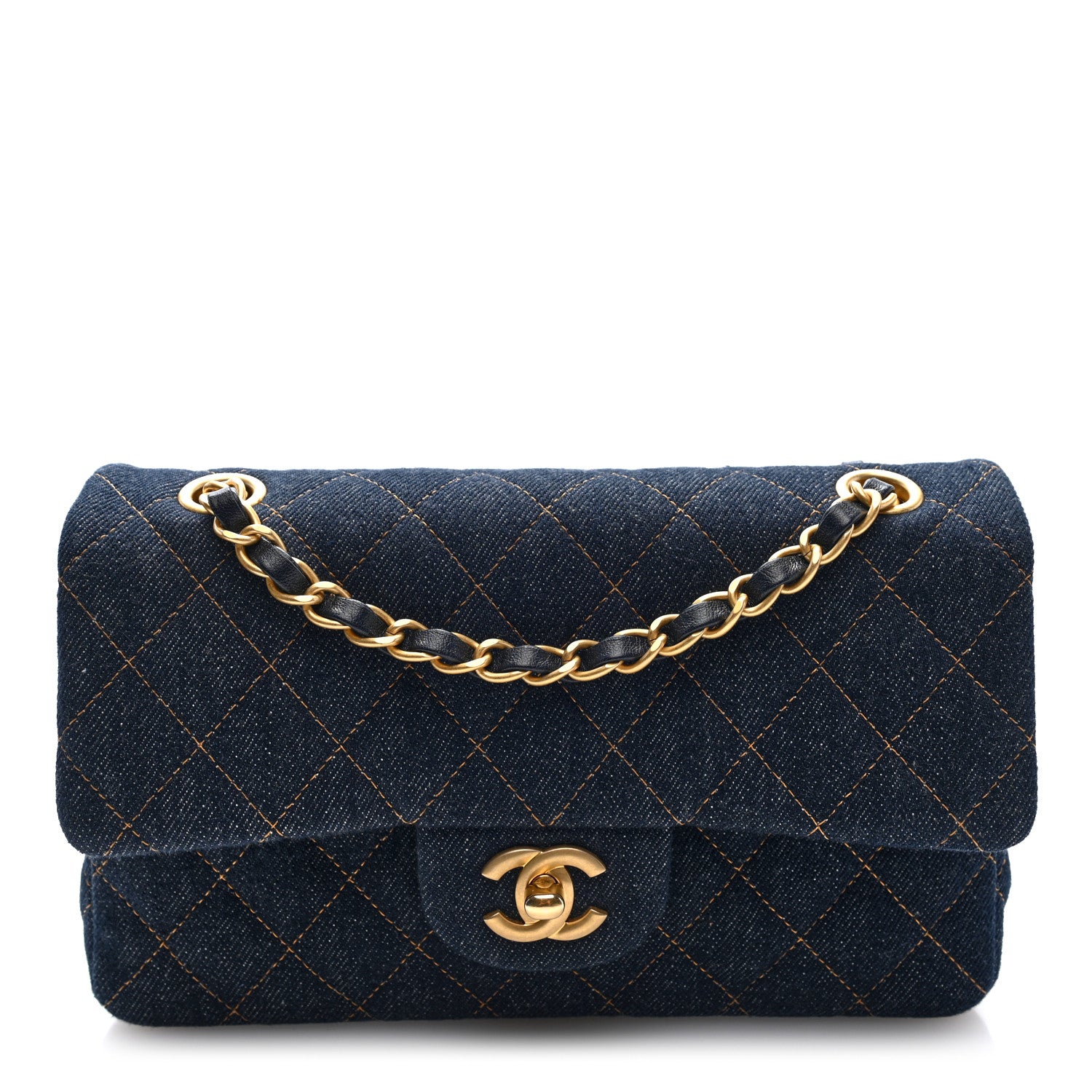 Chanel Denim Quilted Small Double Flap Dark Blue Orange 1 of 10