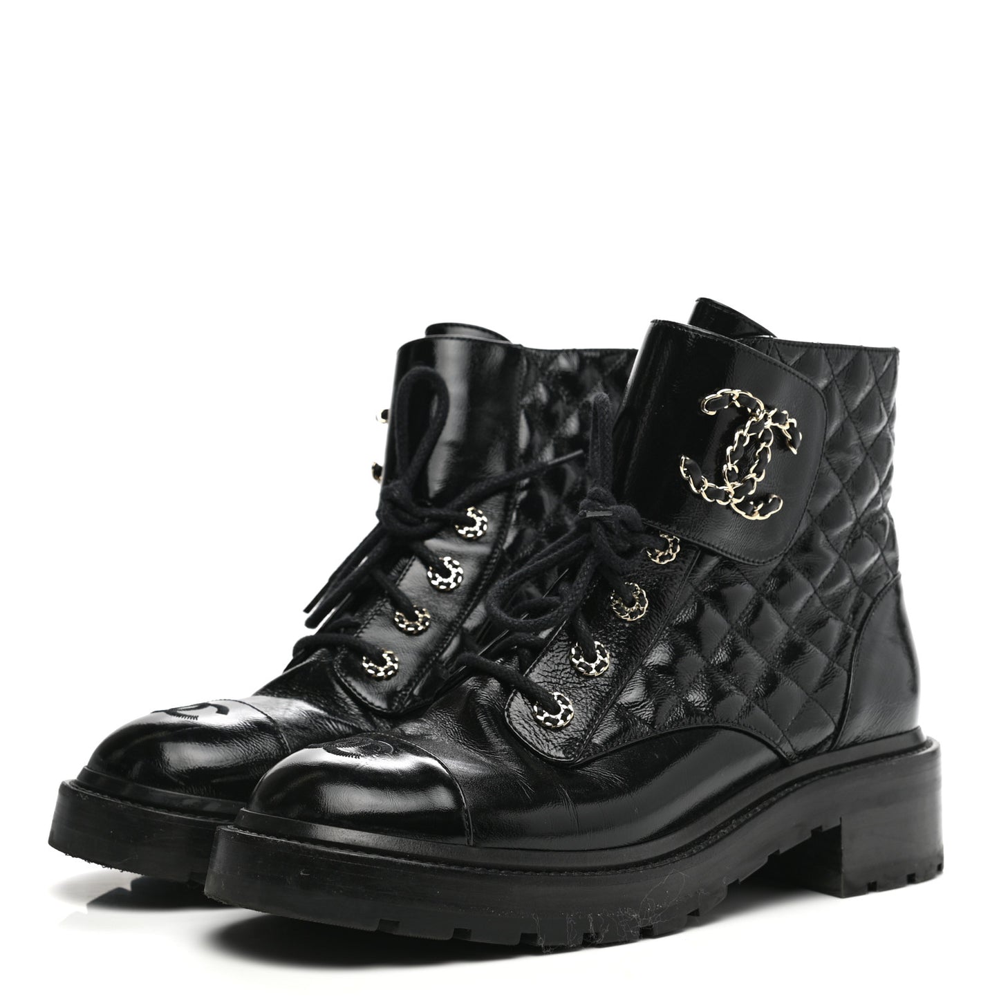 Shiny Calfskin Quilted Lace Up Combat Boots 40.5 Black