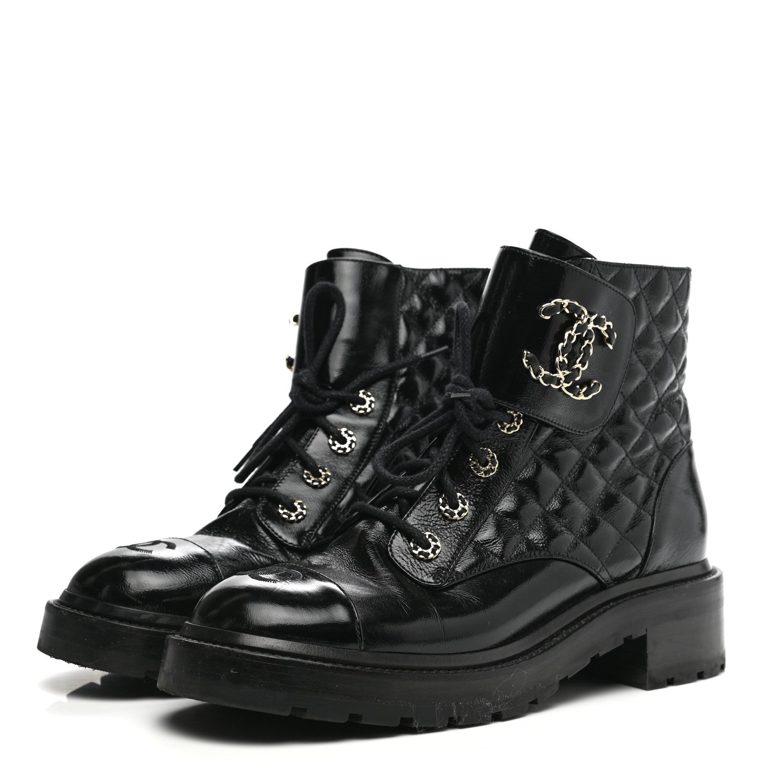 Chanel Shiny Calfskin Quilted Lace Up Combat Boots 40.5 Black 3 of 9