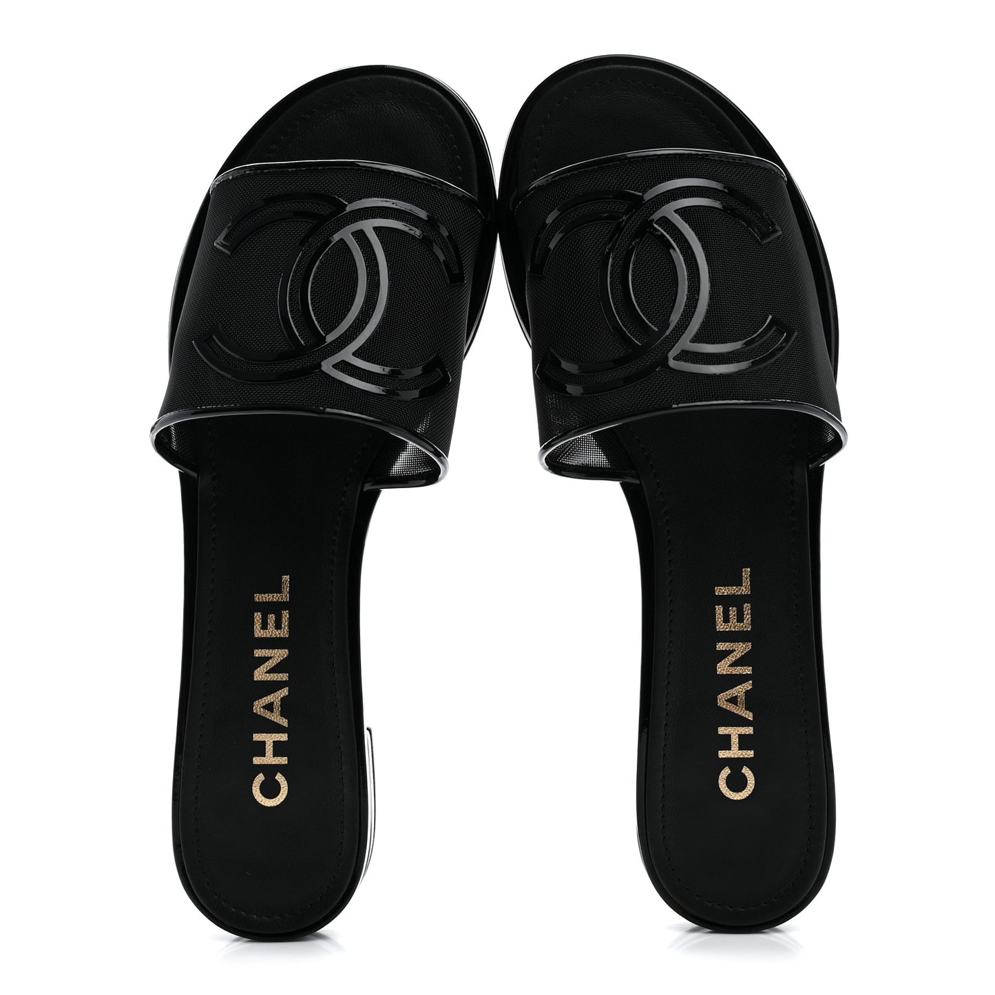 Mesh Patent Calfskin CC Mules 38.5 Black