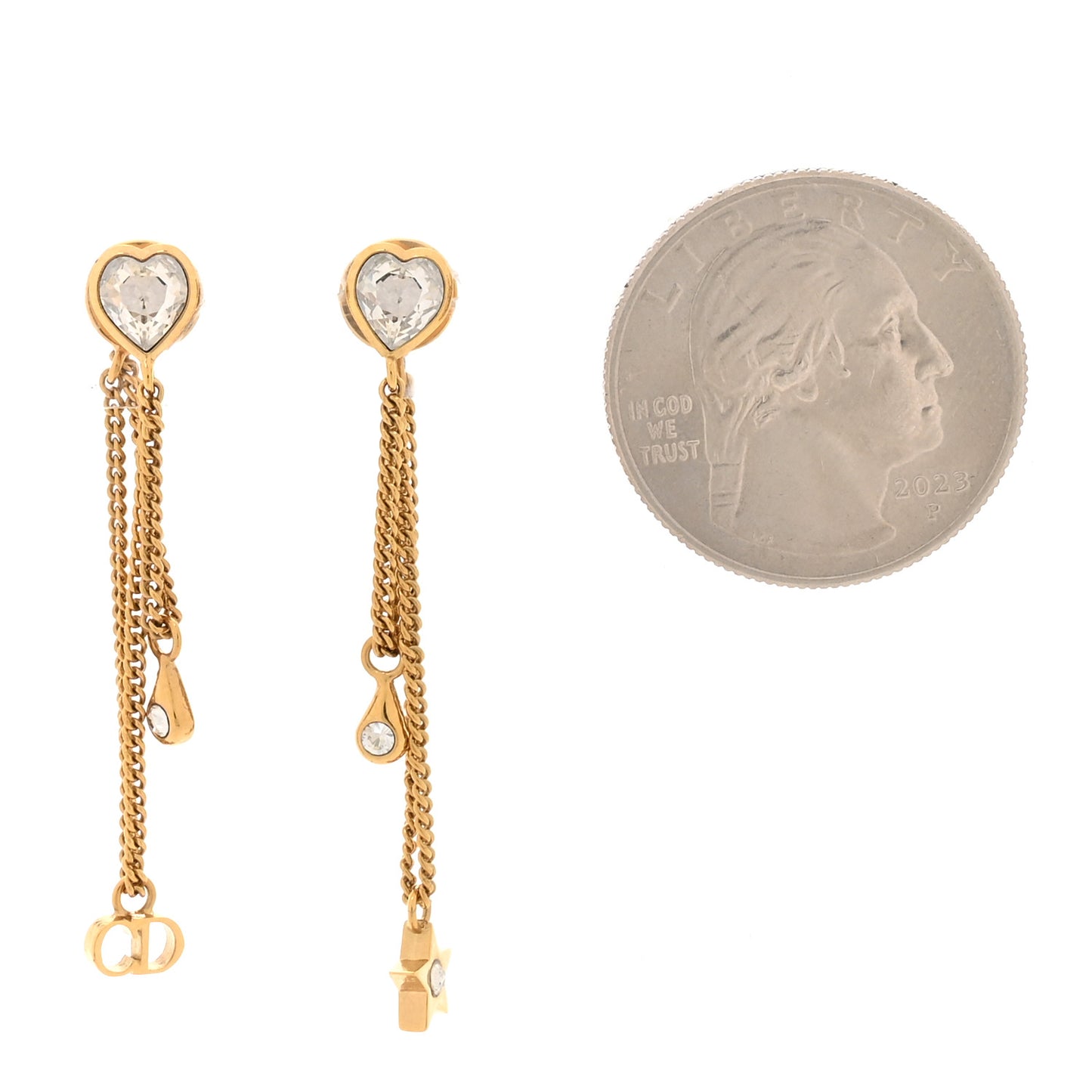 Crystal Heart Dangle Chain Earrings Gold