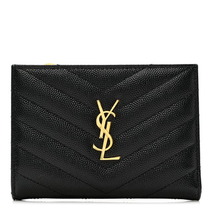 Saint Laurent Grain De Poudre Matelasse Chevron Monogram Zipped Two-Part Wallet Black 1 of 6
