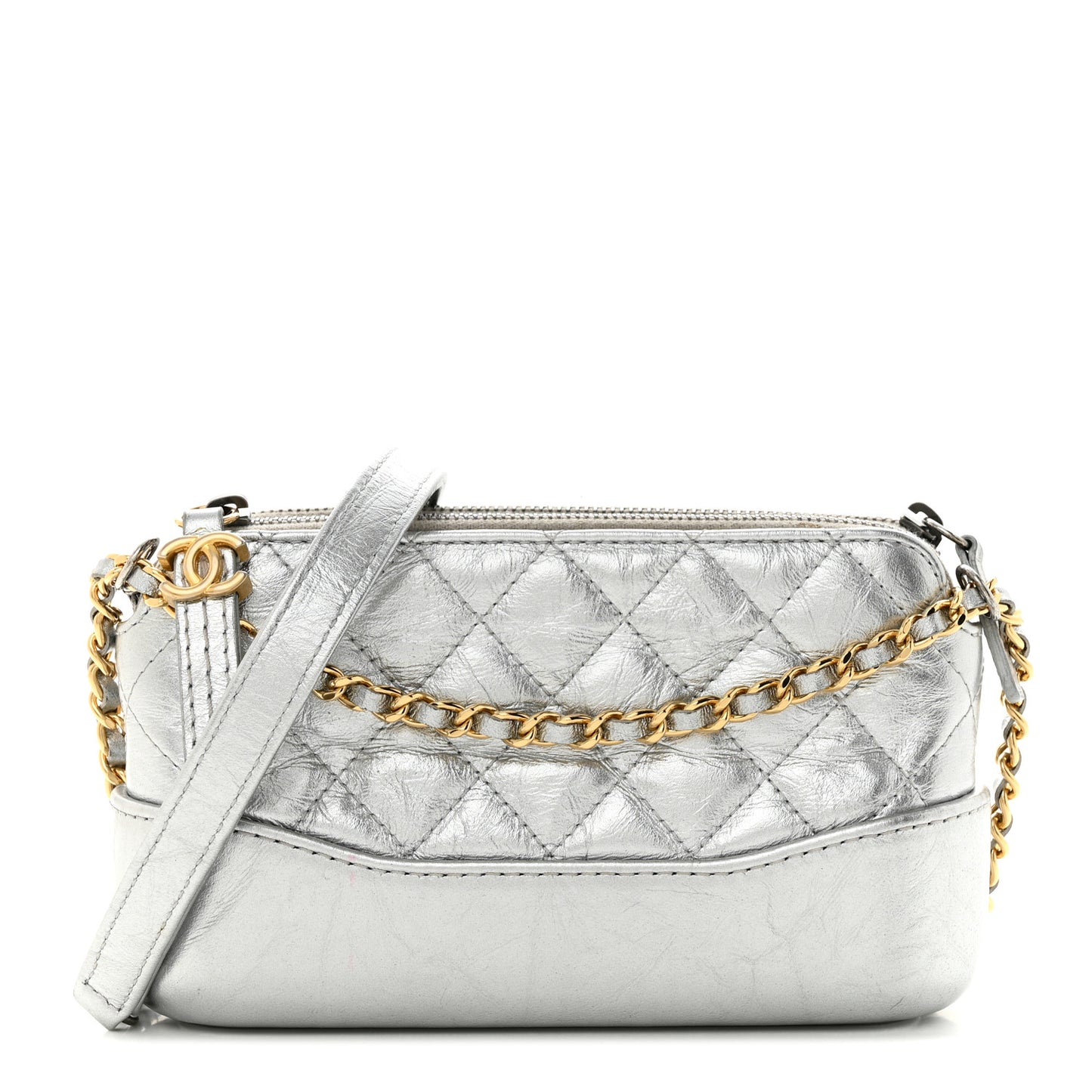 Metallic Lambskin Calfskin Quilted Small Gabrielle Clutch With Chain Silver