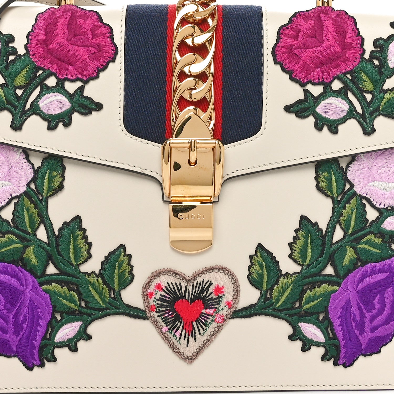 Gucci Calfskin Embroidered Medium Sylvie Top Handle Bag White 8 of 10