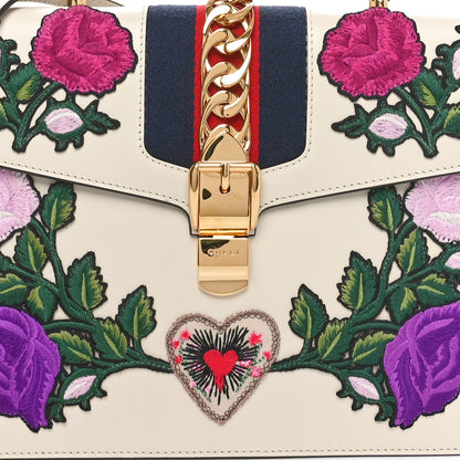 Gucci Calfskin Embroidered Medium Sylvie Top Handle Bag White 8 of 10