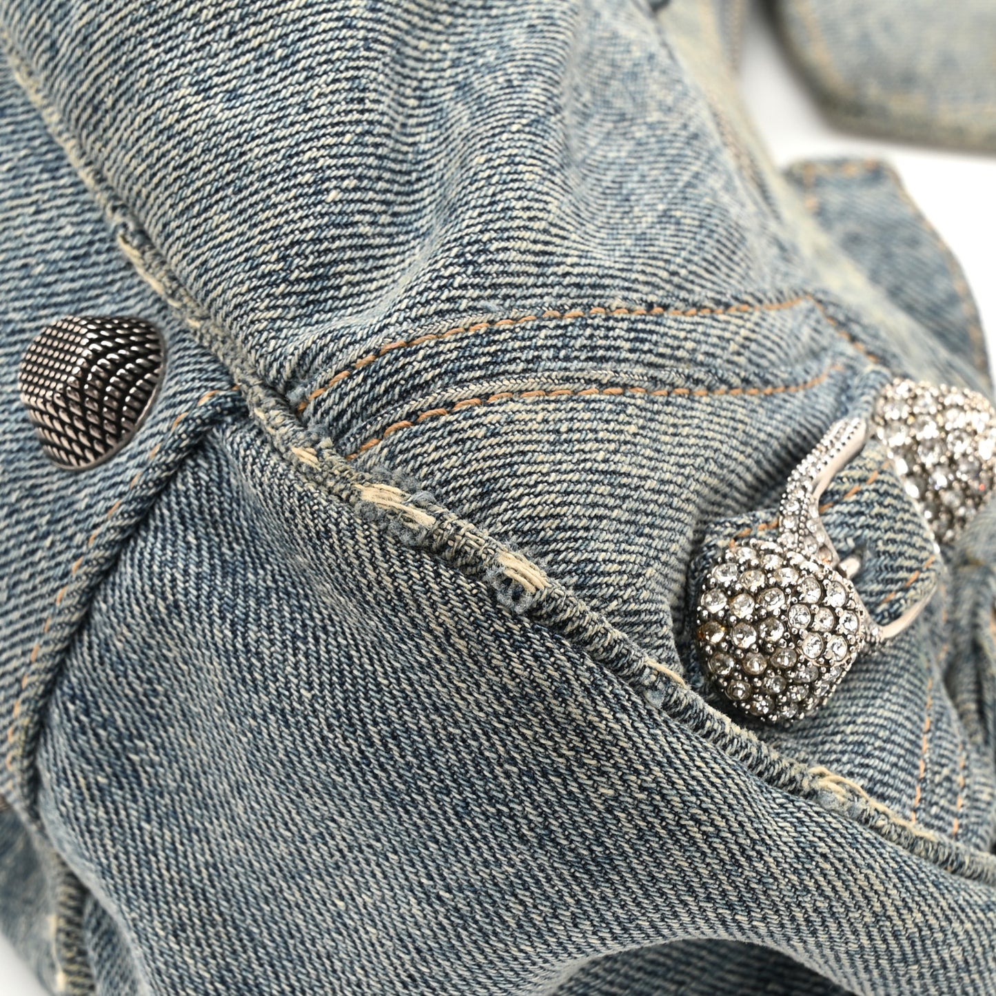 Washed Frayed Denim Crystal Small Le Cagole Shoulder Bag Blue
