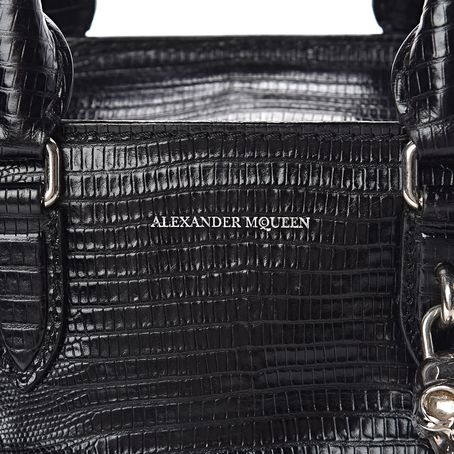 Alexander McQueen Calfskin Lizard Embossed Small Skull Padlock Zip Around Tote Black 9 of 12