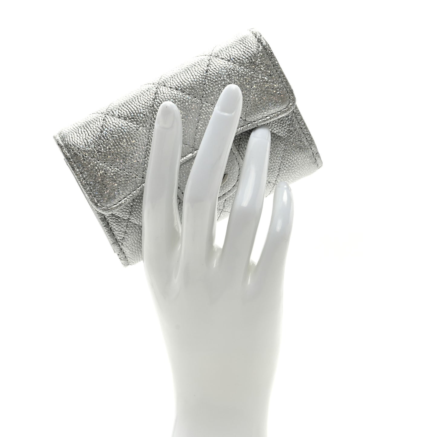 Metallic Caviar Quilted Classic 4 Key Holder Wallet Silver