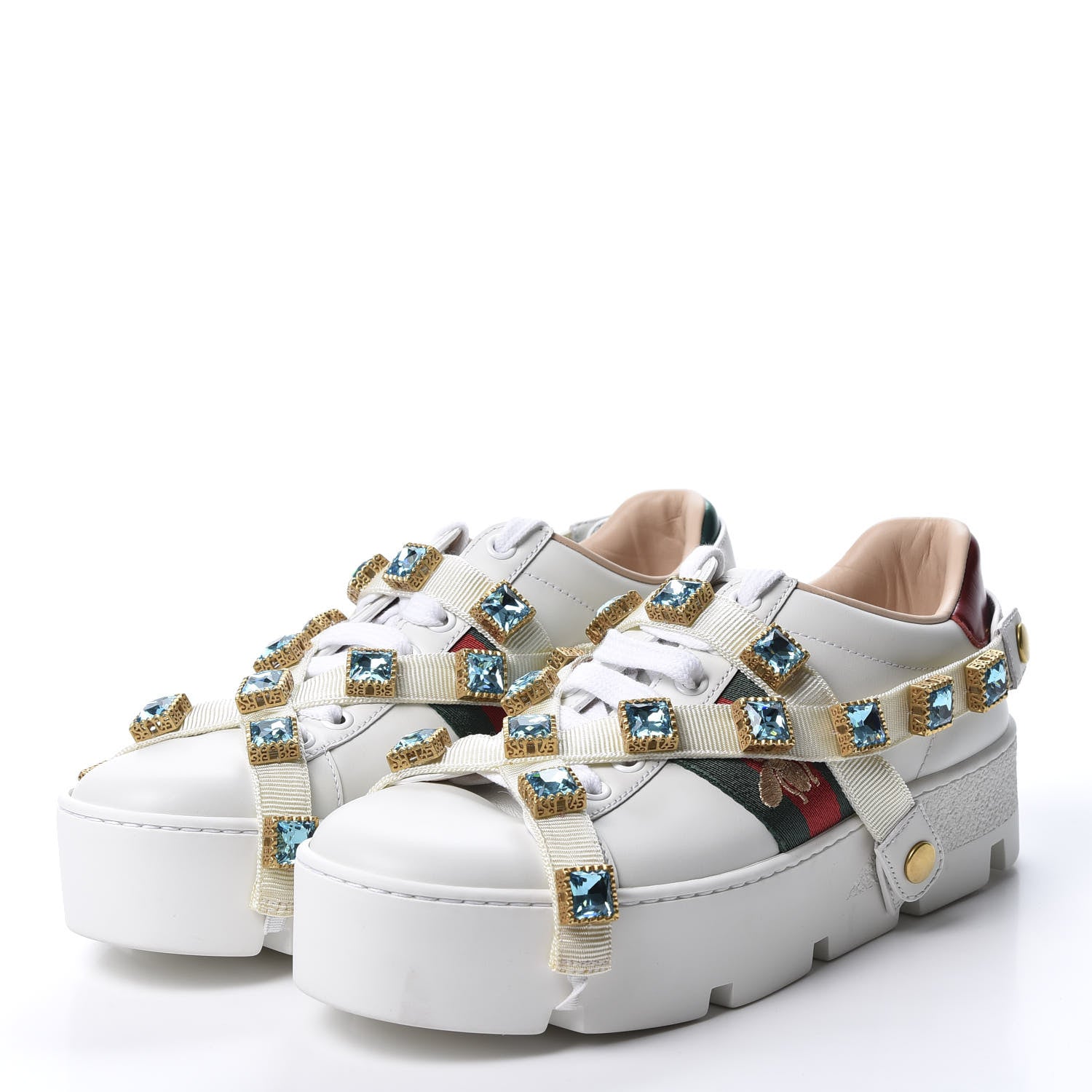 Gucci Calfskin Removable Crystals Bee Embroidered Womens Ace Platform Sneakers 36.5 White 4 of 11