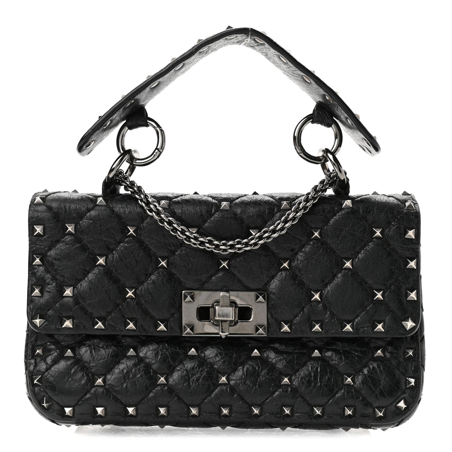 Craquele Nappa Small Rockstud Spike Shoulder Bag Black