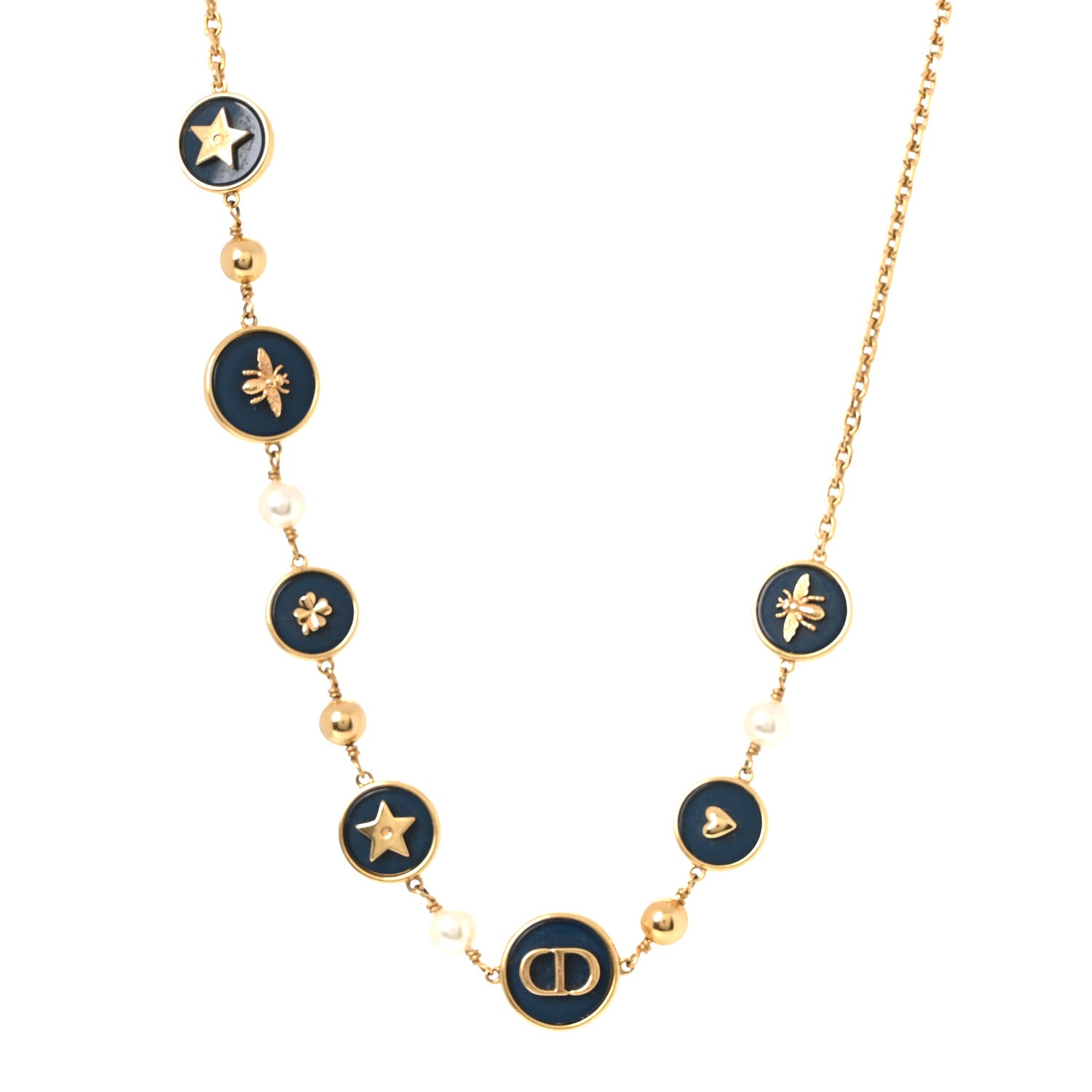 Christian Dior Metal Resin Pearl D-Luck Short Necklace Gold Navy