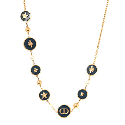 Christian Dior Metal Resin Pearl D-Luck Short Necklace Gold Navy 1 of 4
