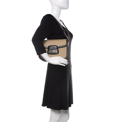 Gucci Vintage Rice Canvas Plutone Calfskin Horsebit 1955 Shoulder Bag Beige Black 2 of 9