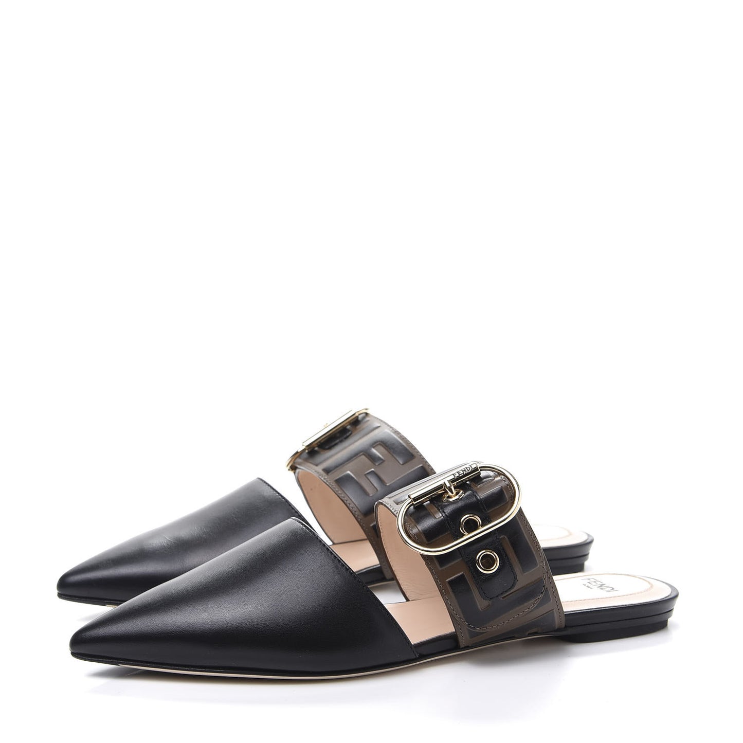 Vitello FF Embossed Buckle Flat Mules 35.5 Maya Black