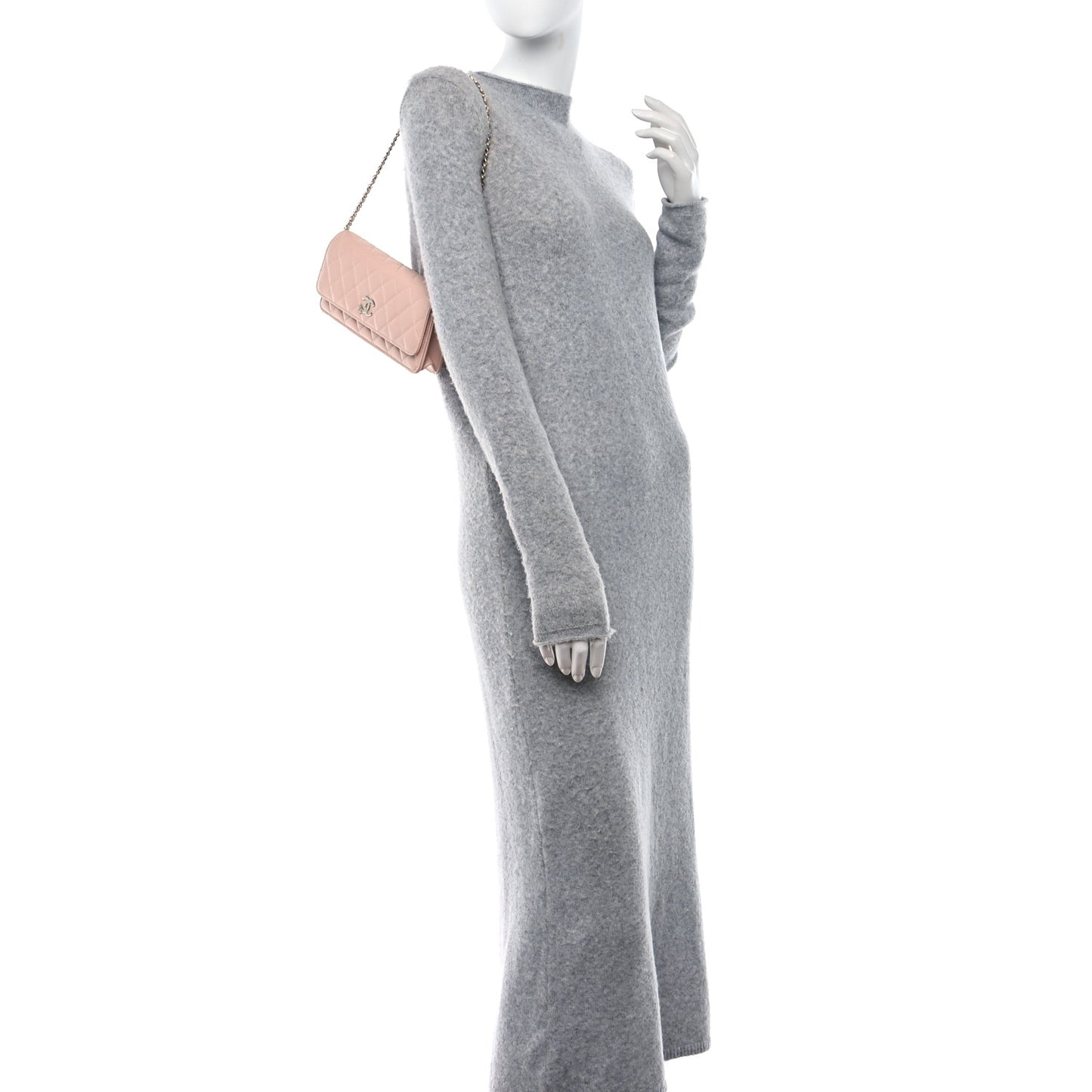 Lambskin Quilted Crystal Star Long Clutch With Chain Light Pink