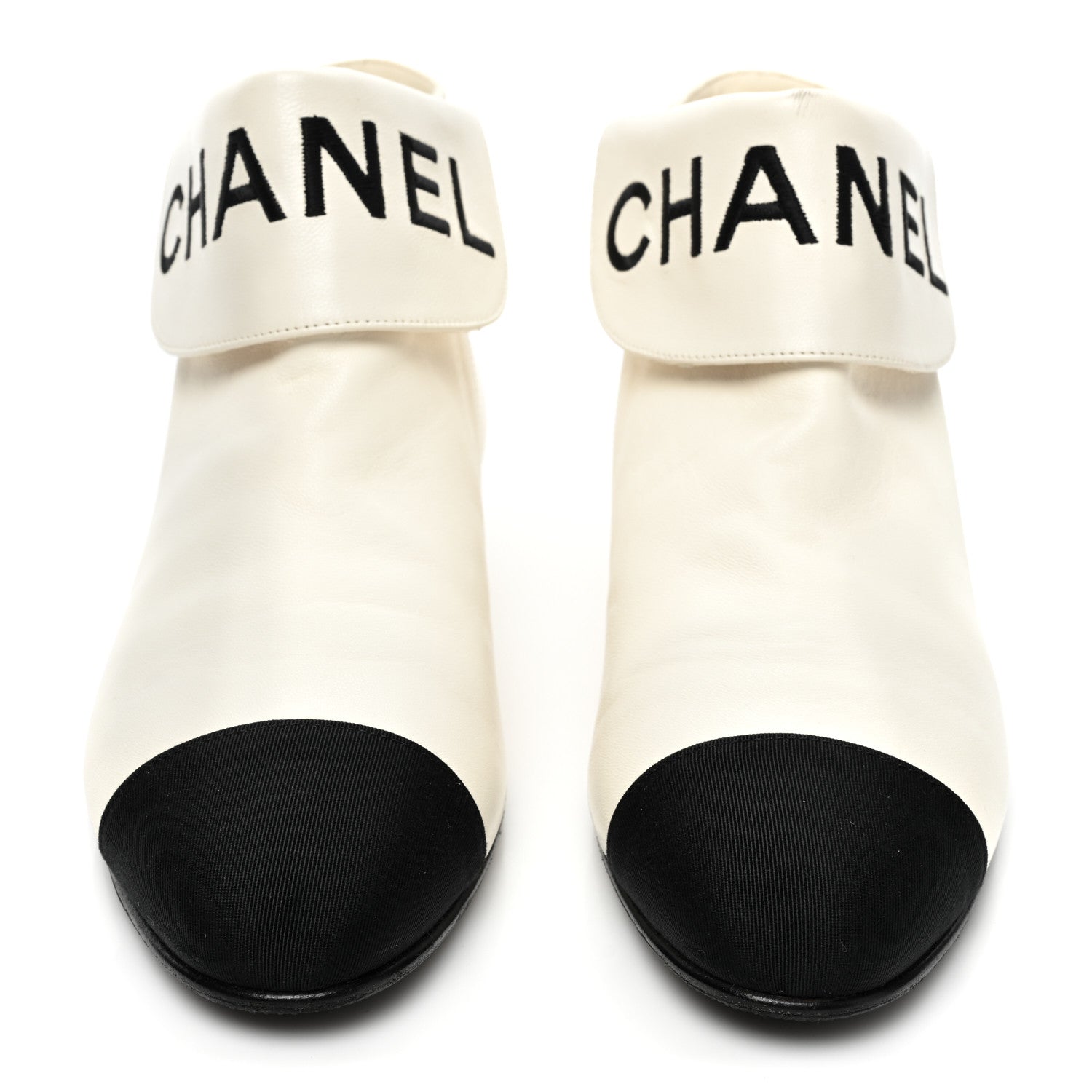 Chanel Lambskin Grosgrain Fold Over Logo Cap Toe Boots 36.5 Ivory Black 2 of 15