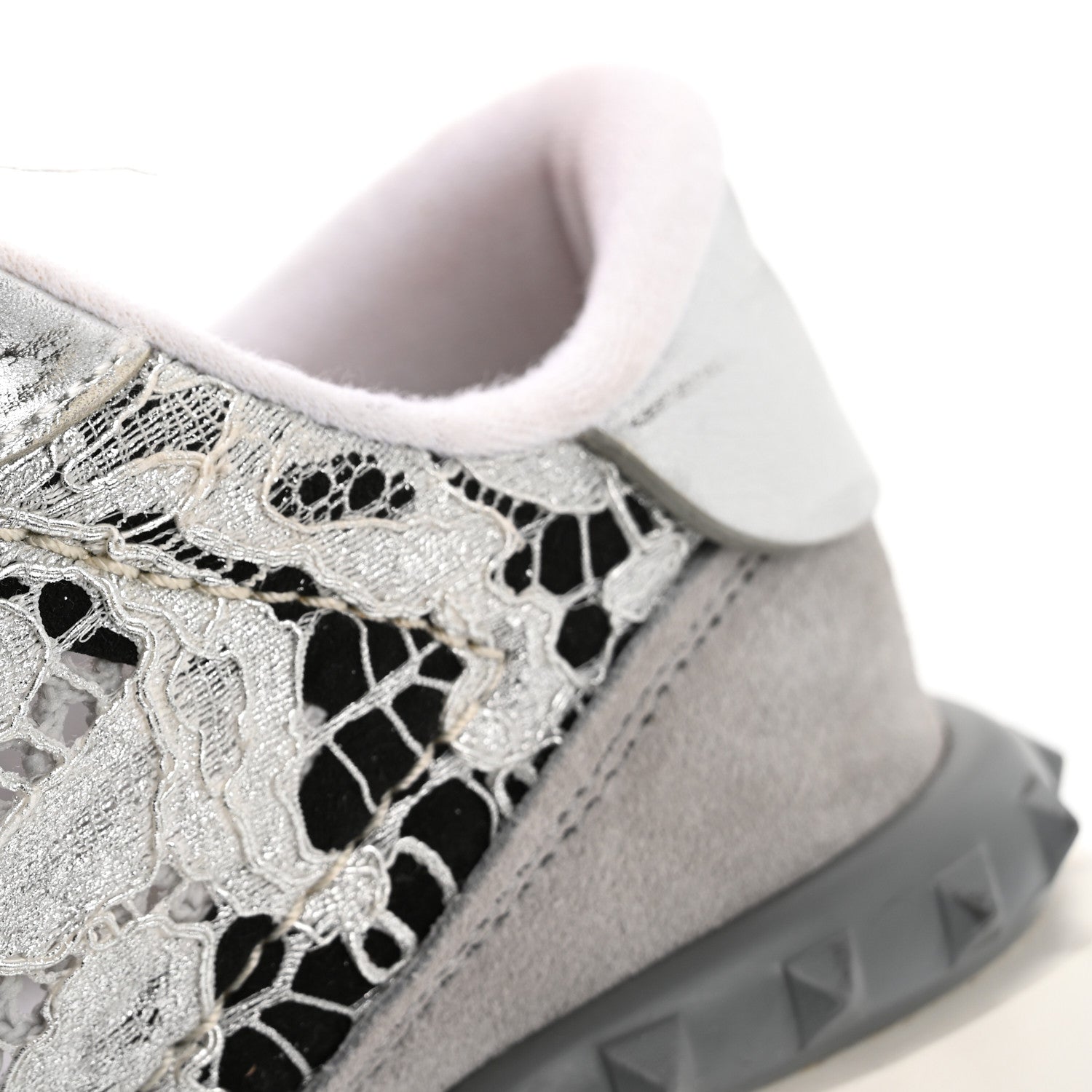 Valentino Garavani Metallic Calfskin Lace Mesh Lacerunner Sneaker 38.5 Silver Pastel Gray 14 of 15