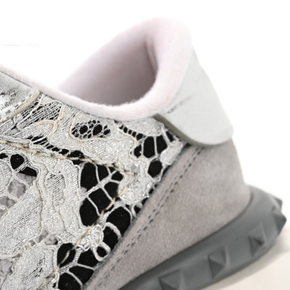 Valentino Garavani Metallic Calfskin Lace Mesh Lacerunner Sneaker 38.5 Silver Pastel Gray 14 of 15