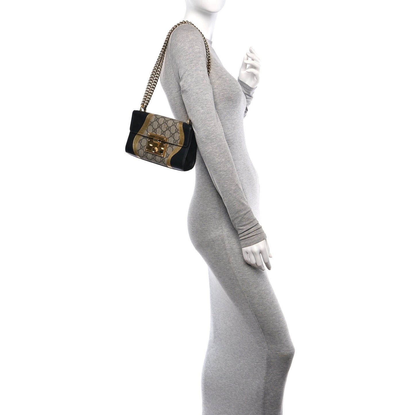 Calfskin GG Supreme Monogram Small Padlock Shoulder Bag Black Gold