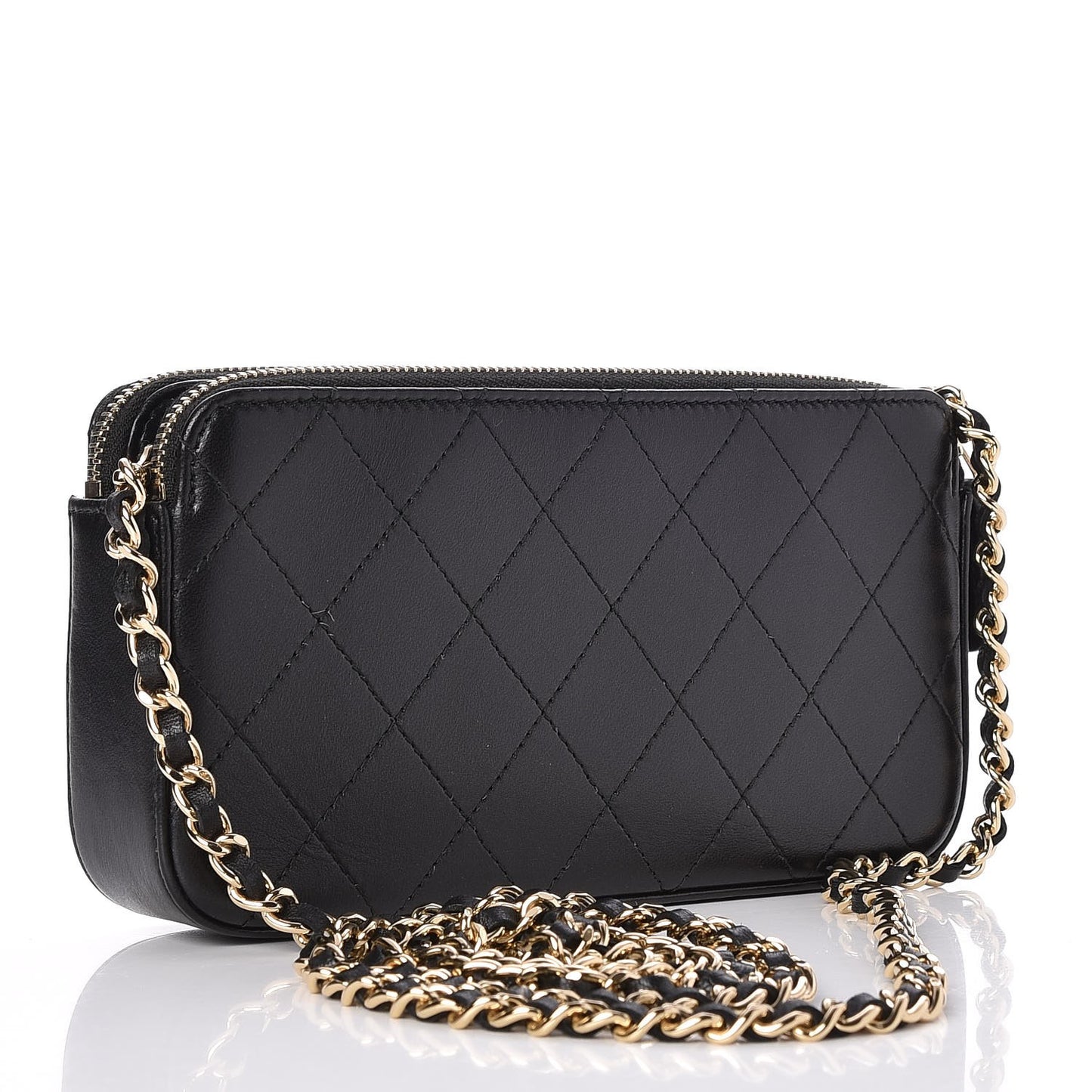 Metallic Lambskin Flat Quilted Clutch With Chain Black