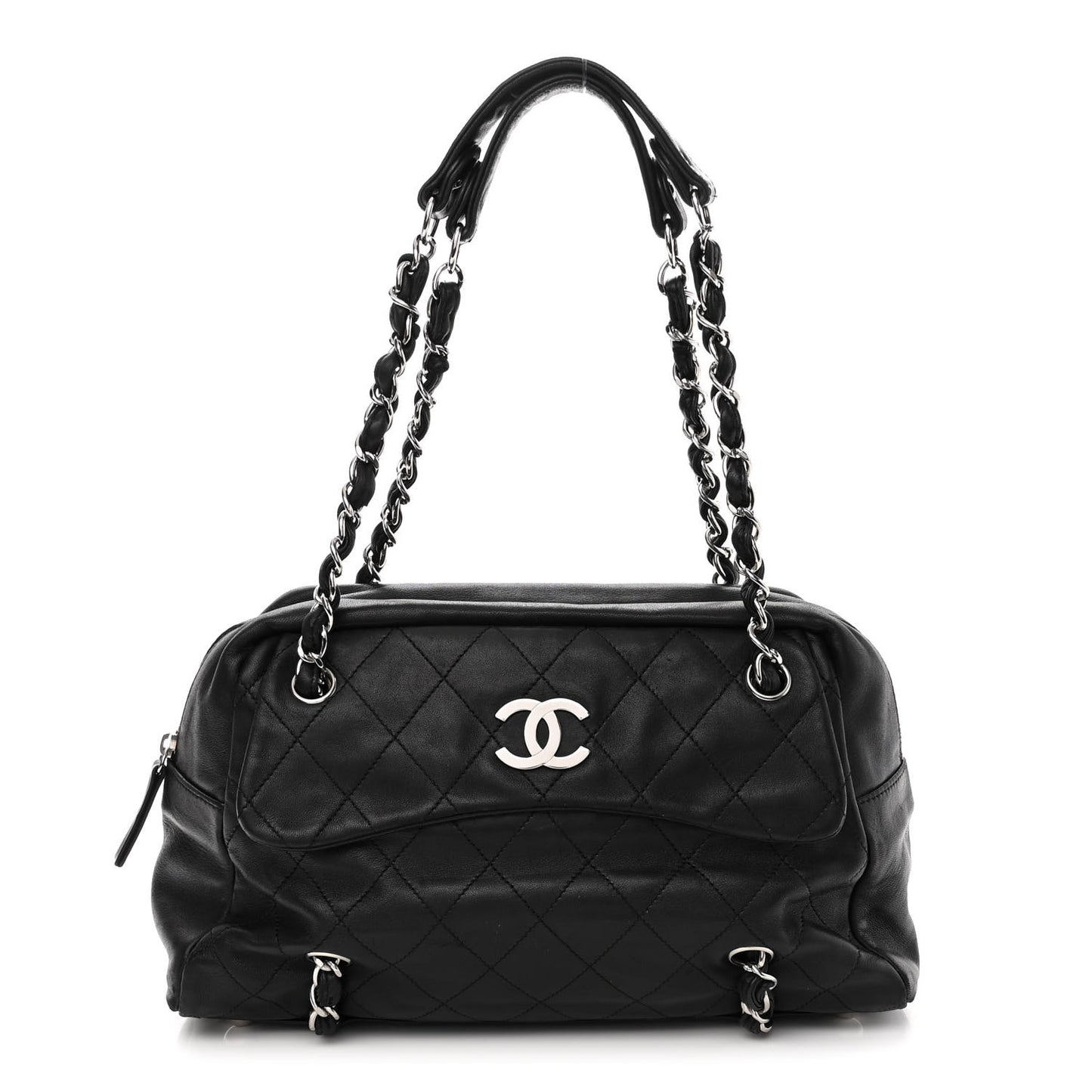 Lambskin Quilted Medium Chain Around Tote Black