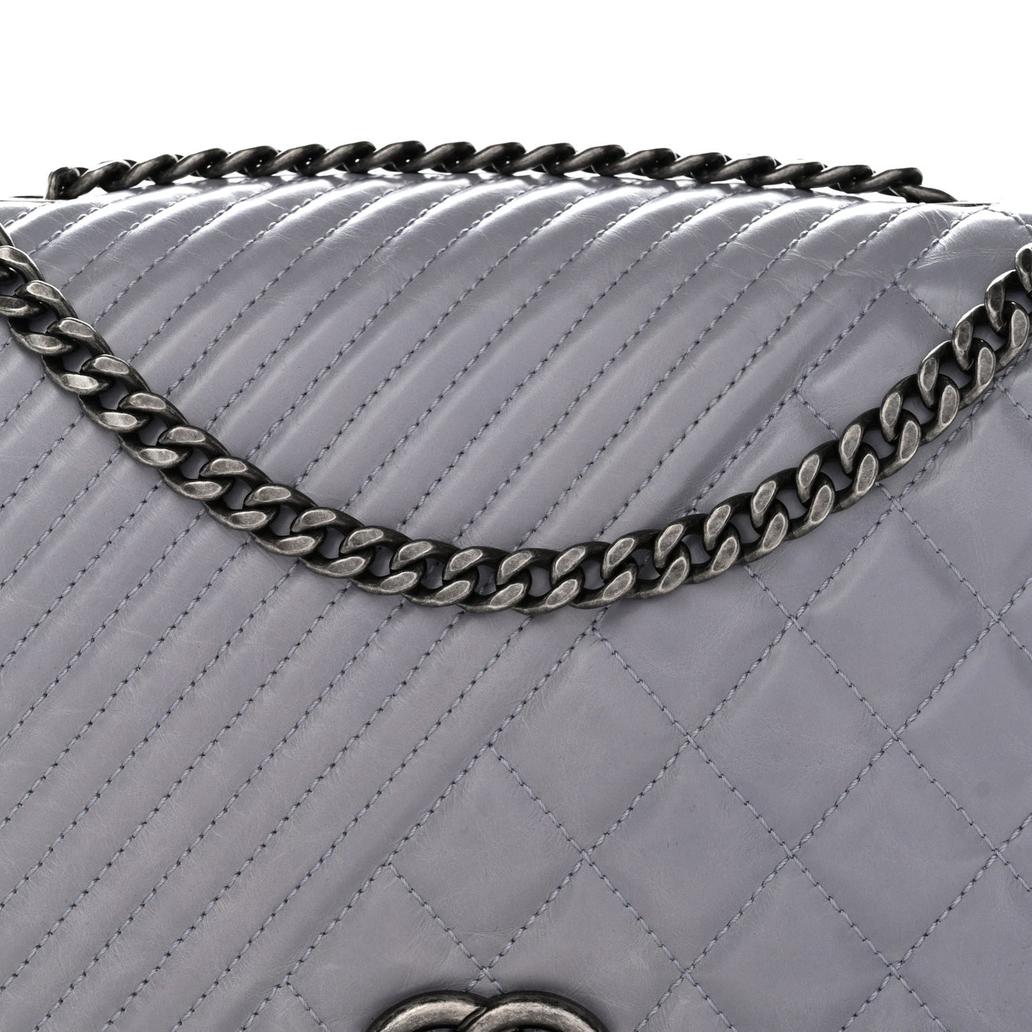 Glazed Calfskin Quilted Medium Coco Boy Flap Light Grey