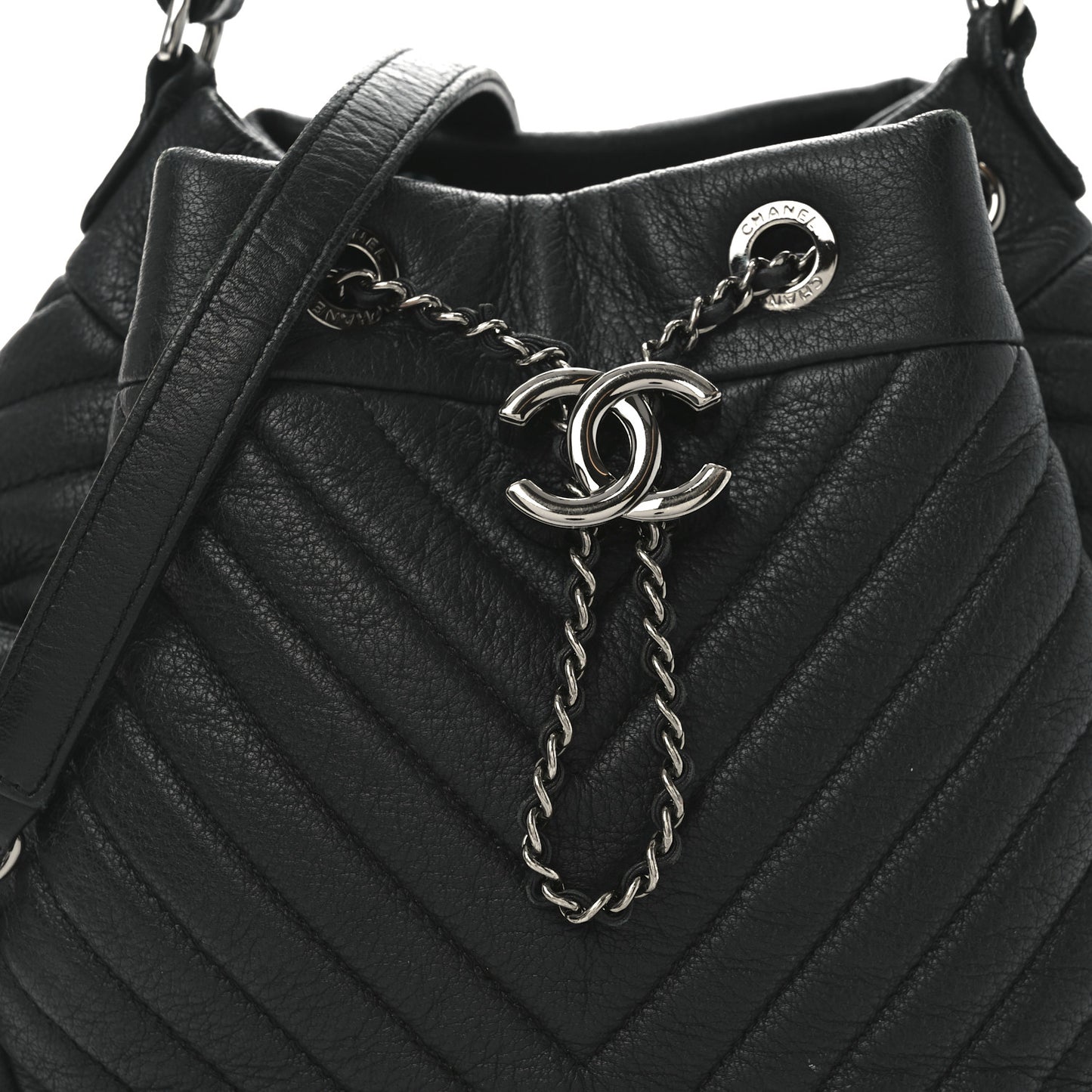 Deerskin Chevron Small CC Chain Bucket Bag Black