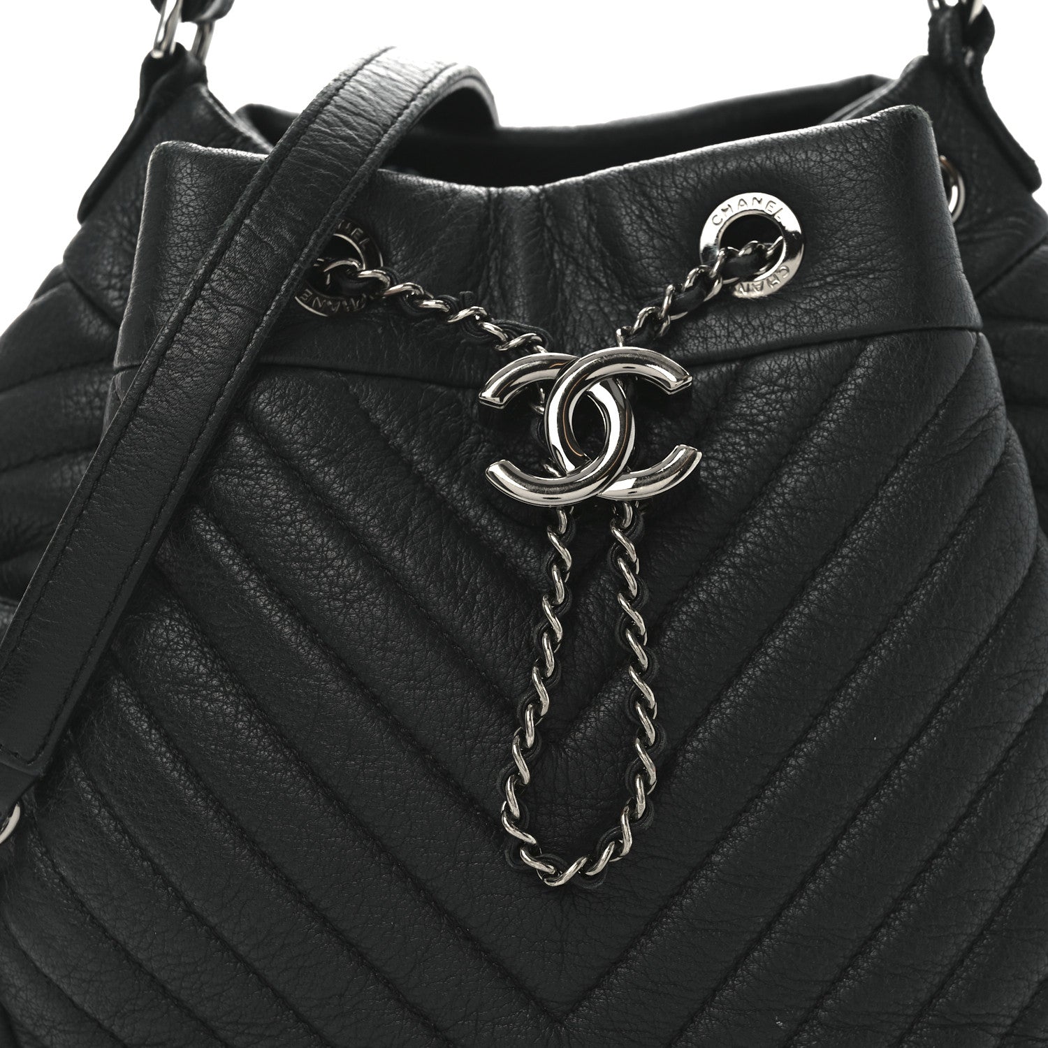 Chanel Deerskin Chevron Small CC Chain Bucket Bag Black 8 of 10