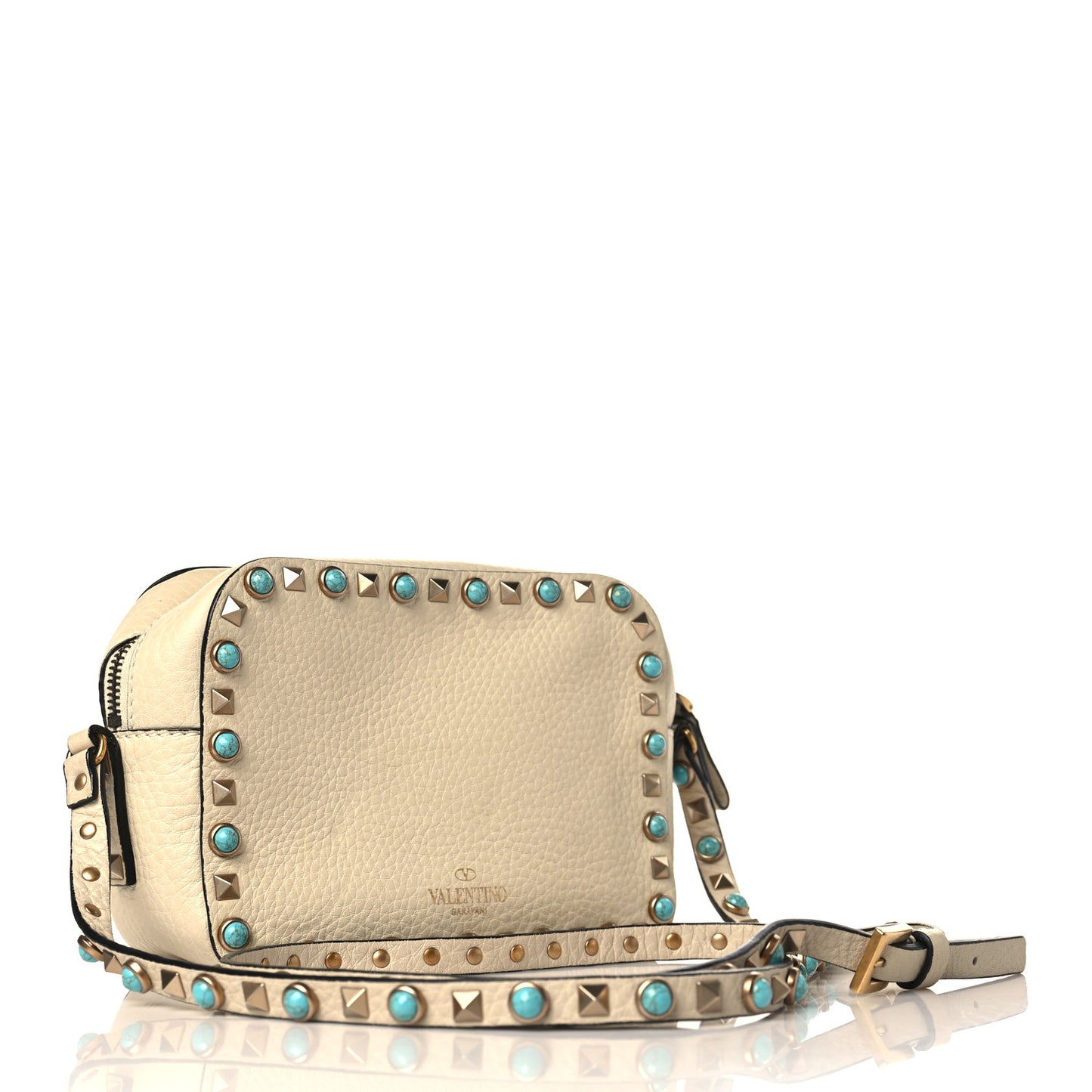 Grained Calfskin Turquoise Rockstud Rolling Camera Crossbody Bag Ivory